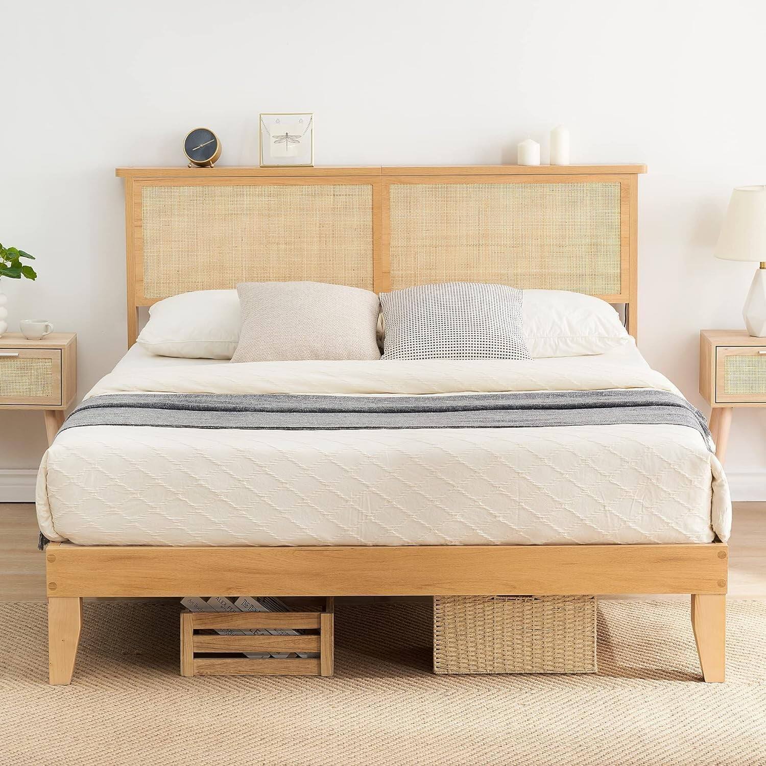 Alt View 1. GARVEE - Full Rattan Bed Frame with Wood Headboard LED Lights Wooden Slats Noise-Free Easy Assembly - Wood Color Full.