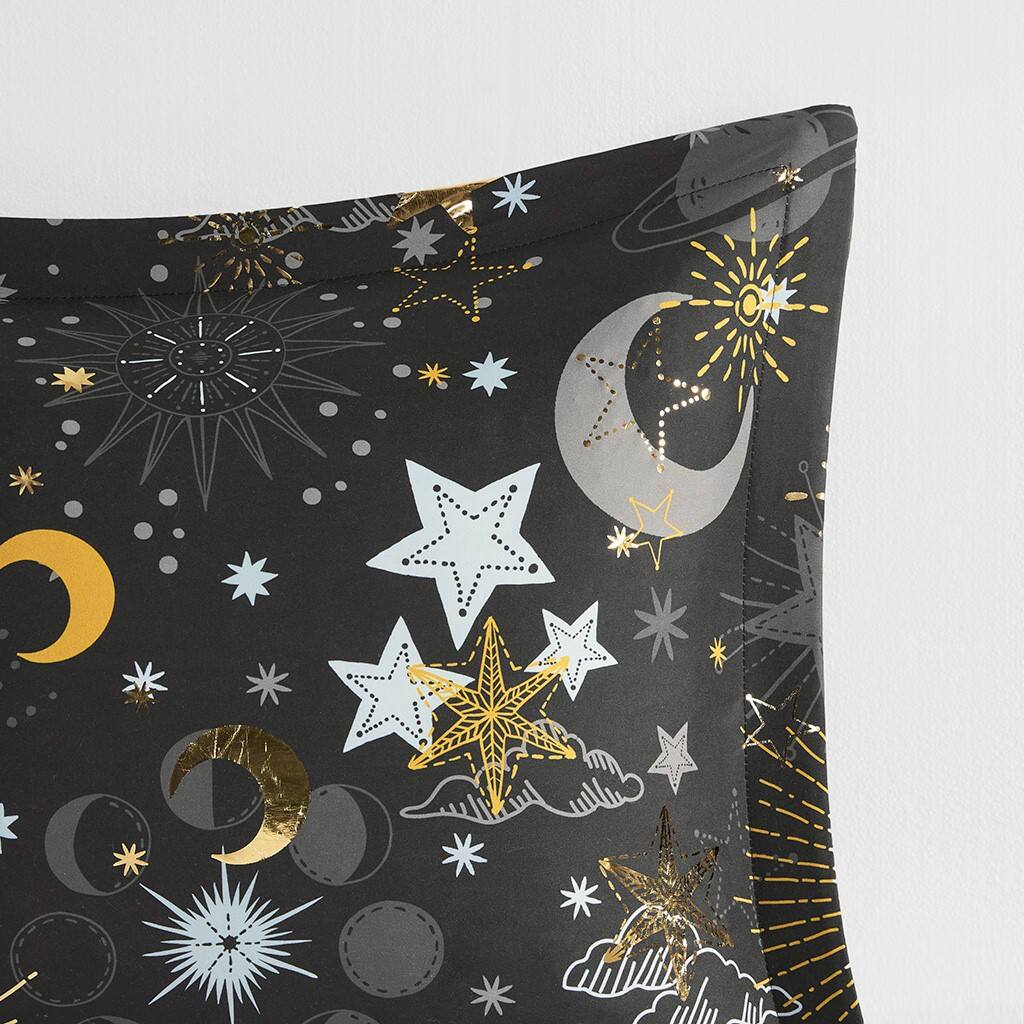 Alt View 3. Gracie Mills - Gracie Mills Dervan Celestial Dreams Starry Sky Metallic Comforter Set with Enchanting Throw Pillow - Charcoal/Gold.