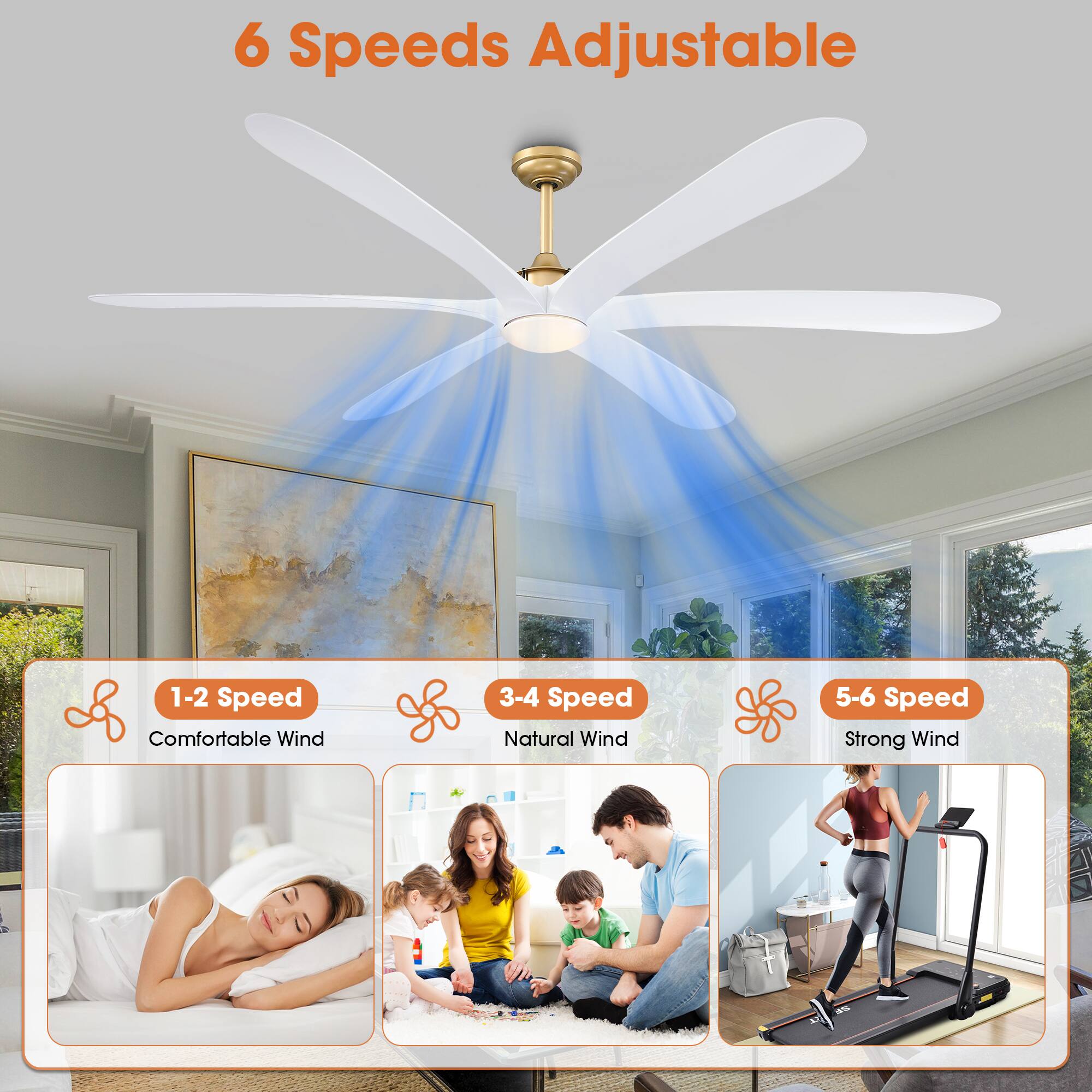 6 Speeds Adjustable

1-2 Speed  
Comfortable Wind

3-4 Speed  
Natural Wind

5-6 Speed  
Strong Wind