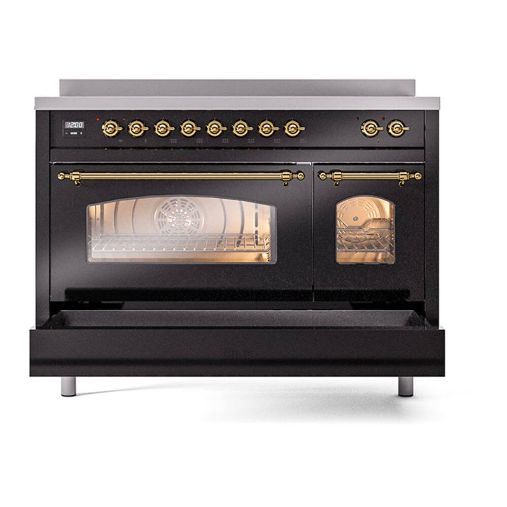 Alt View 3. ILVE - ILVE Nostalgie II 48 inch Induction Range with 6 Elements  (Triple Glass Door, Glossy Black, Brass) - Glossy Black.