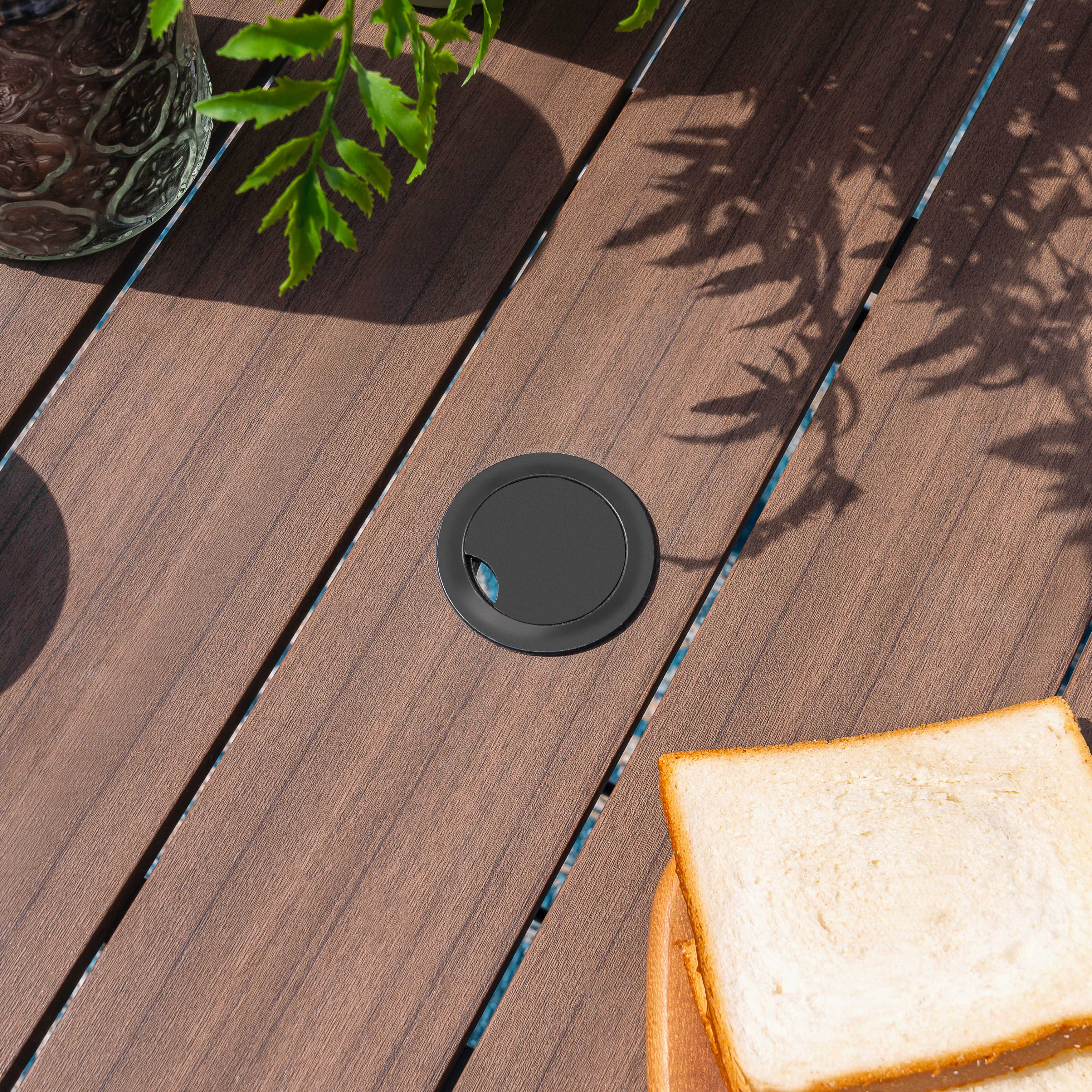 Alt View 7. Nuu Garden - Outdoor 37" Square Metal Dining Table with 1.6'' Umbrella Hole, Powder-Coated Frame, Faux Wood Tabletop - Black and wood-grain finish.