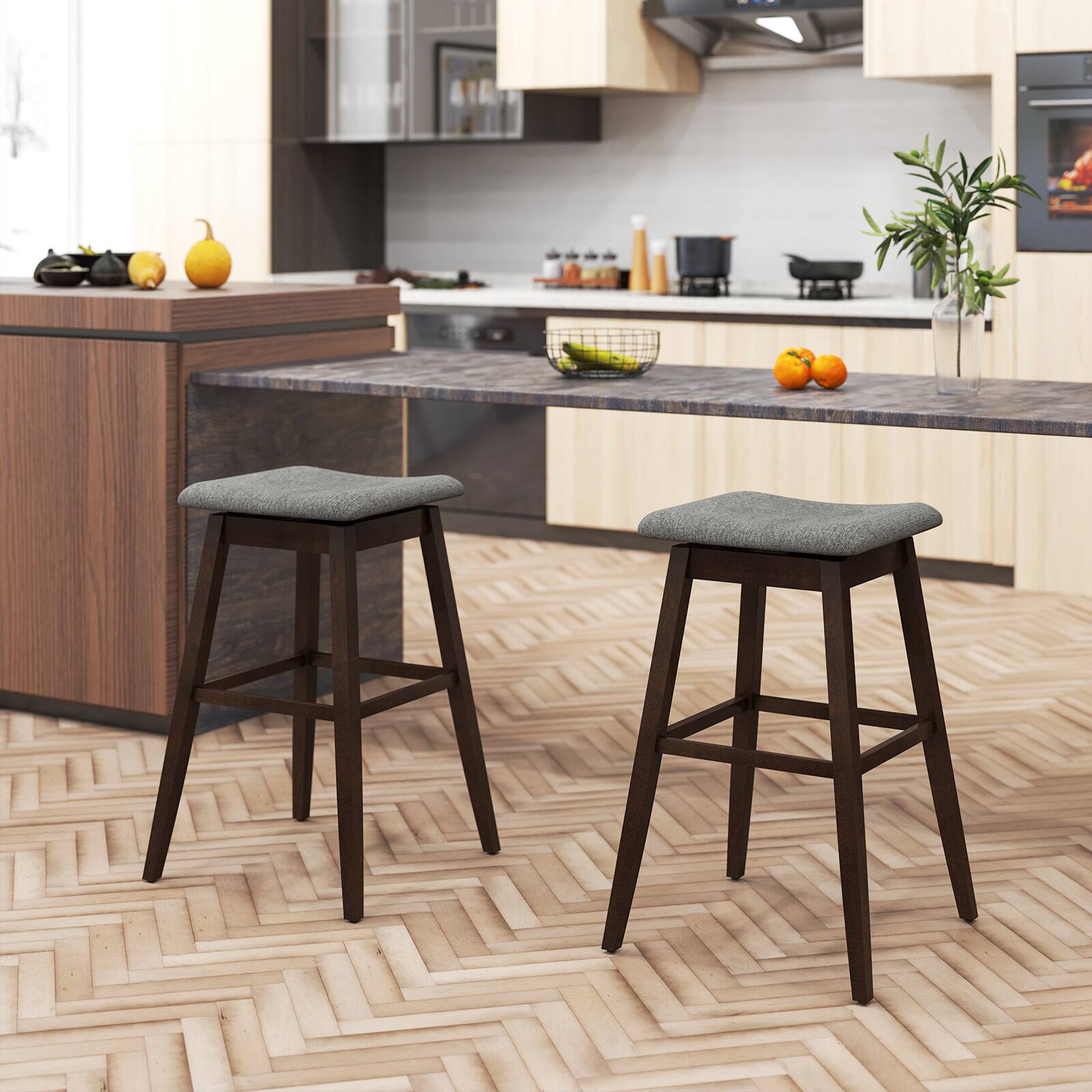 Alt View 1. Gymax - Gymax Set of 2 Swivel Bar Stools 30'' Bar Chairs w/ Padded Contoured Seat & Footrest - Gray, Brown.