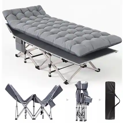 Front. Sugift - Folding Camping Cot with Cushion, 550 lb Heavy Duty Portable Sleeping Cot with Metal Frame and 15-Degree Incline - Gray.