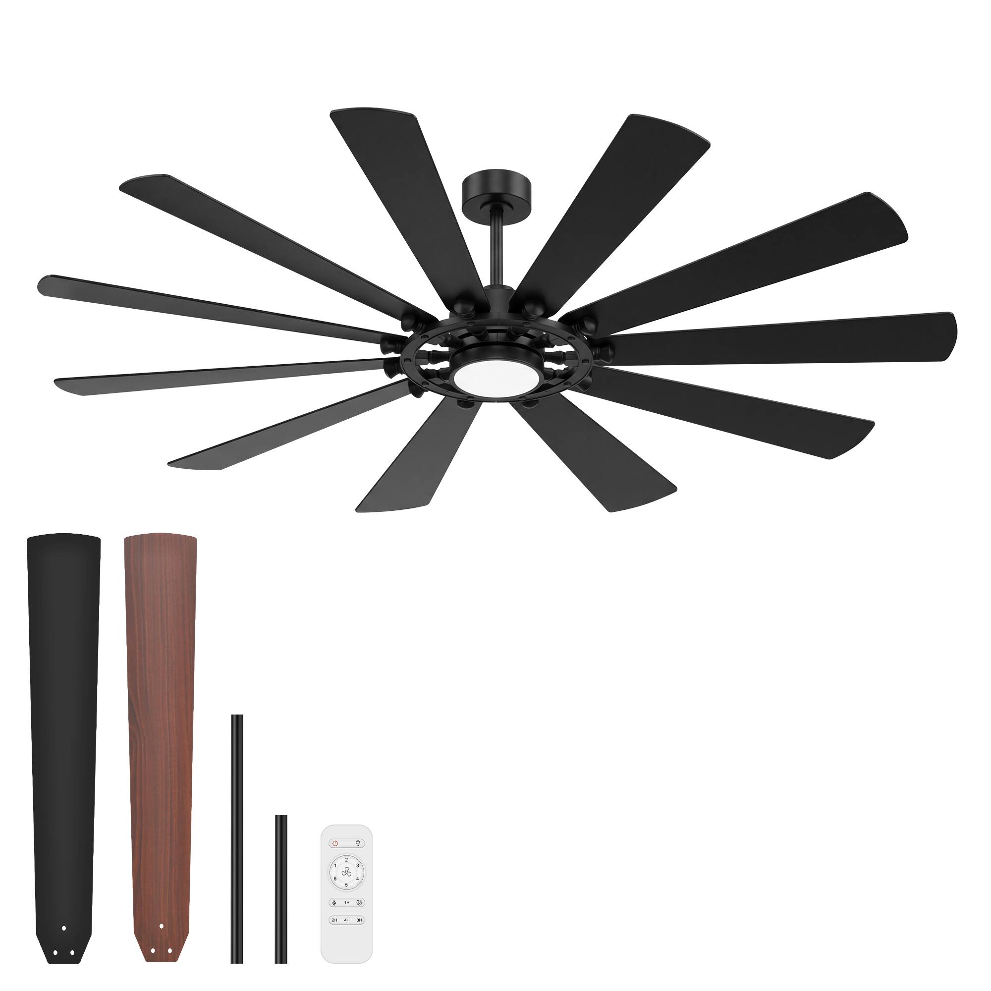 Alt View 8. Breezary - 62-Inch Large Ceiling Fan with 10 Plywood Blades, DC Motor, 6-Speed Remote, Tri-Color Dimmable LED, Dual Downrods - Matte Black.