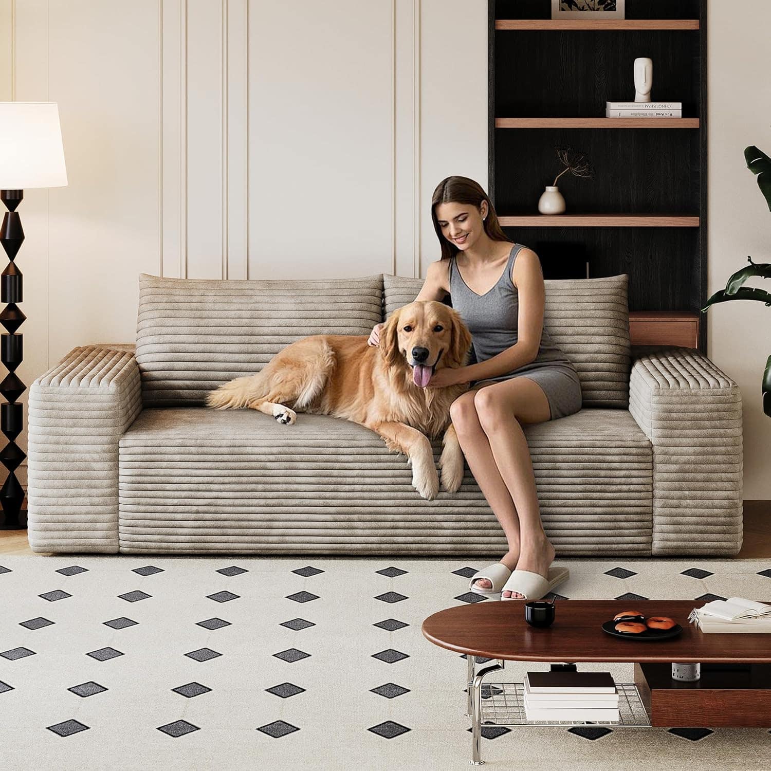 Trinkets Crazed - 71" 3-Seater LoveSeat Sofa Plush Corduroy Boneless Couch with High Cushion Backrest and Wider Armrest - camel