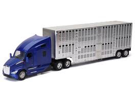 Kenworth T680 Truck Blue Metallic with Livestock Trailer Chrome "Long Haul Trucker" Series 1/32 Diecast Model by New Ray - Blue Metallic, Chrome
