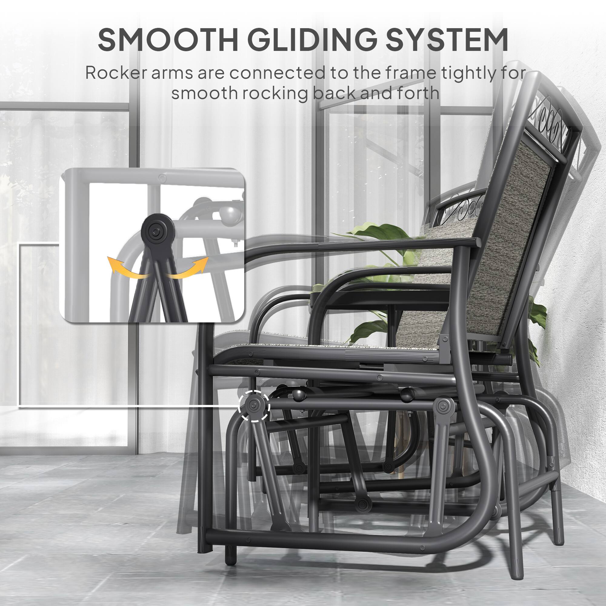 SMOOTH GLIDING SYSTEM Rocker arms are connected to the frame tightly for smooth rocking back and forth