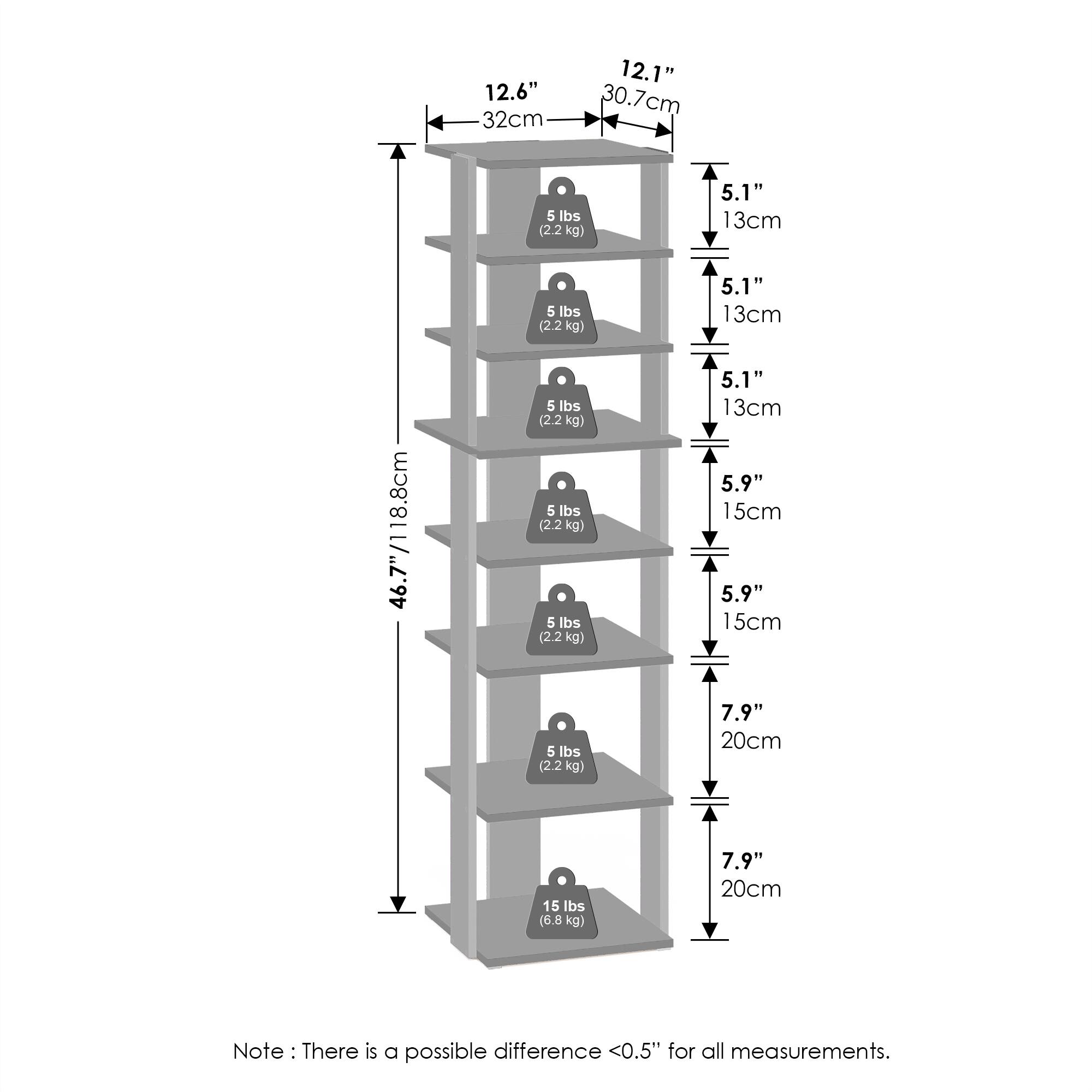 12.6" (32cm)  
12.1" (30.7cm)  
5 lbs (2.2 kg)  
5.1" (13cm)  
5.1" (13cm)  
5.1" (13cm)  
5.9" (15cm)  
5.9" (15cm)  
46.7" (118.8cm)  
5 lbs (2.2 kg)  
5 lbs (2.2 kg)  
5 lbs (2.2 kg)  
5 lbs (2.2 kg)  
7.9" (20cm)  
15 lbs (6.8 kg)  
7.9" (20cm)  

Note: There is a possible difference <0.5" for all measurements.