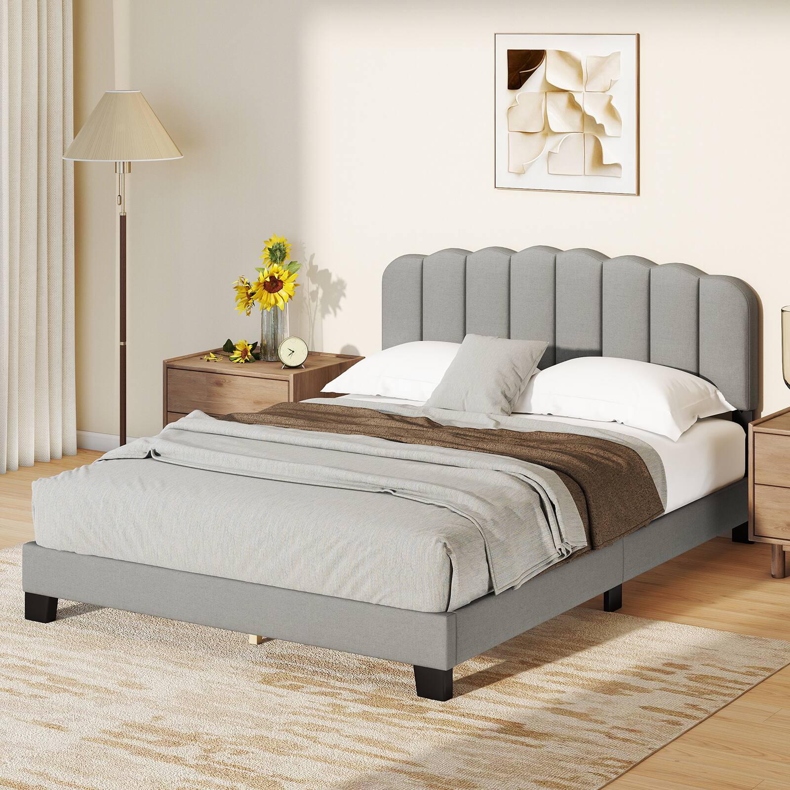 Alt View 5. LUCKY ONE - Queen Assembled Platform Bed Frame with Adjustable Scalloped Tufted Headboard Linen LVL Slats - Gray + Black.