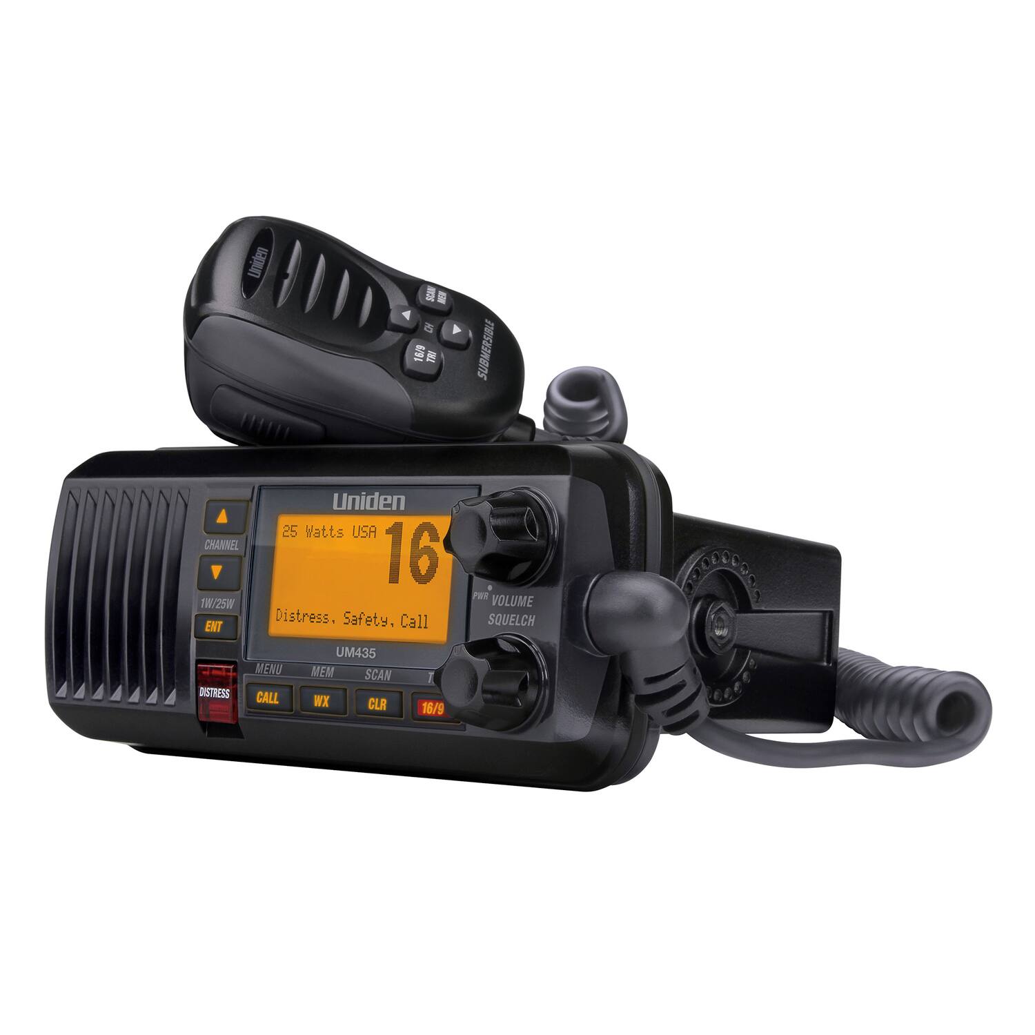 Uniden 25 Watts USA 16 Distress, Safety, Call  
16/9  
SUBMERSIBLE  
CHANNEL  
TM/25W  
ENT  
VOLUME  
SQUELCH  
DISTRESS  
MENU  
CALL  
UM435  
MEM  
SCAN  
WX  
CLR  
16/9