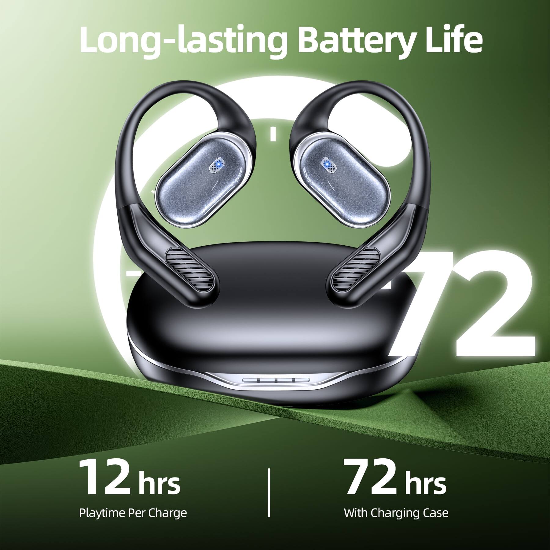 Long-lasting Battery Life  
12 hrs Playtime Per Charge  
72 hrs With Charging Case