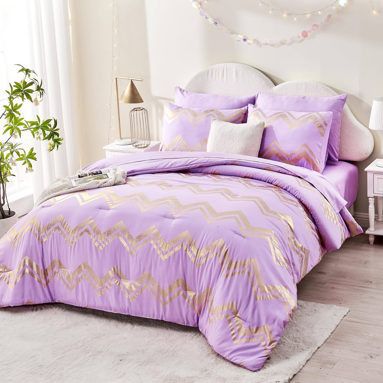 Front. Dapper Styles - Twintwin Xl Comforter Set For Bedding Sets Lavender Bed In A Bag With Flat Sheet Fitted 1 Pillowcase And Pi... - Purple-Twin / Twin XL.