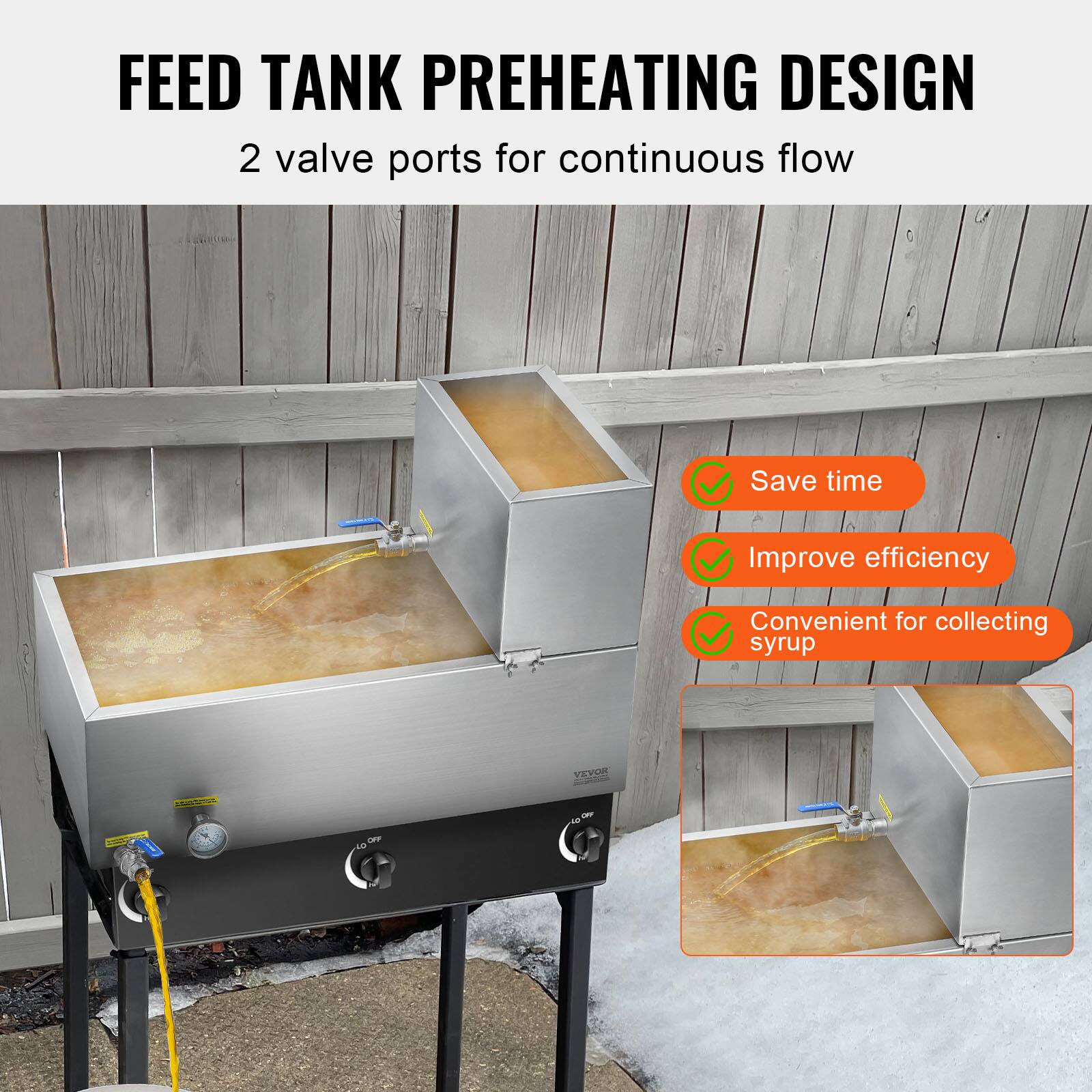 FEED TANK PREHEATING DESIGN  
2 valve ports for continuous flow  
Save time  
Improve efficiency  
Convenient for collecting syrup