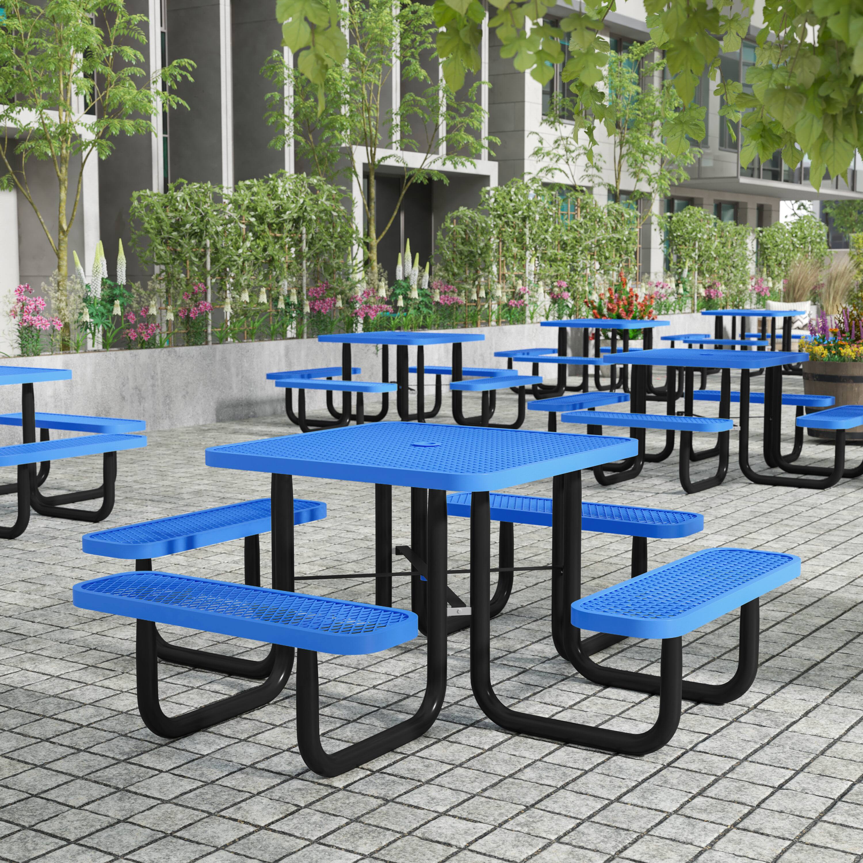Angle. Flash Furniture - Creekside 46" Square Outdoor Picnic Table with Commercial Heavy Gauge Expanded Metal Mesh Seats and Top with Umbrella Ho - Blue.