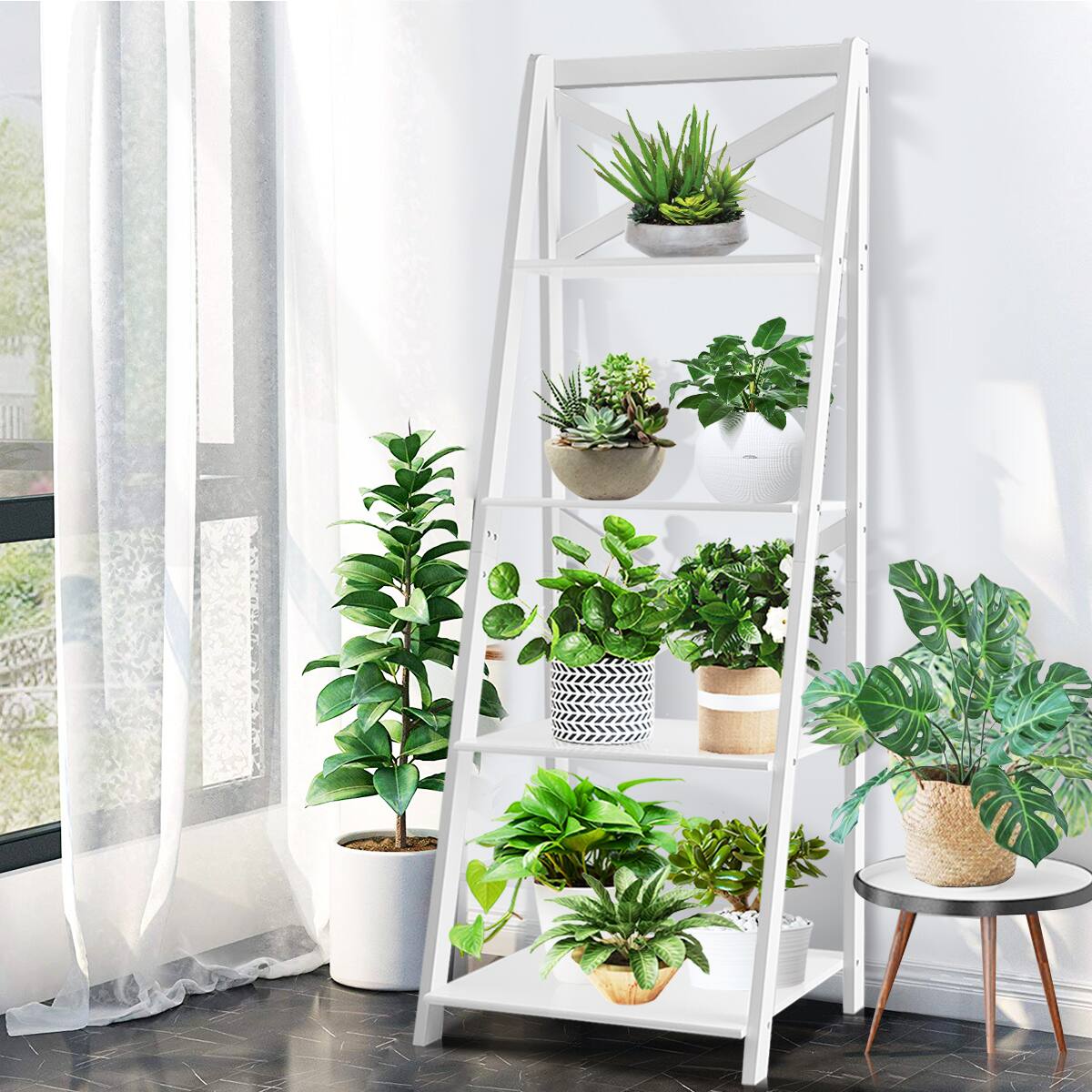 Alt View 3. Costway - Costway Set of 2 Ladder Shelf 4-Tier Bookshelf Bookcase Storage Display Plant Leaning - White.