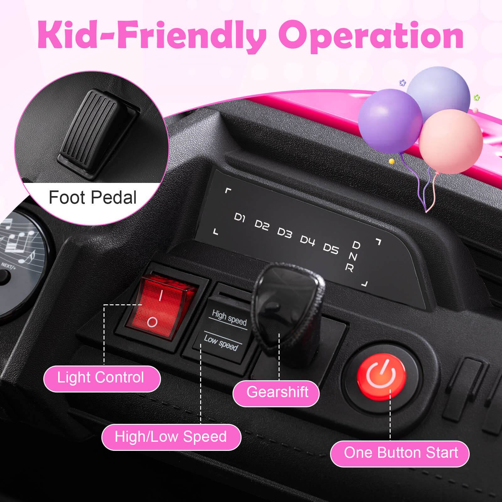 Kid-Friendly Operation

Foot Pedal

Light Control

Gearshift

High/Low Speed

One Button Start

High speed

Low speed