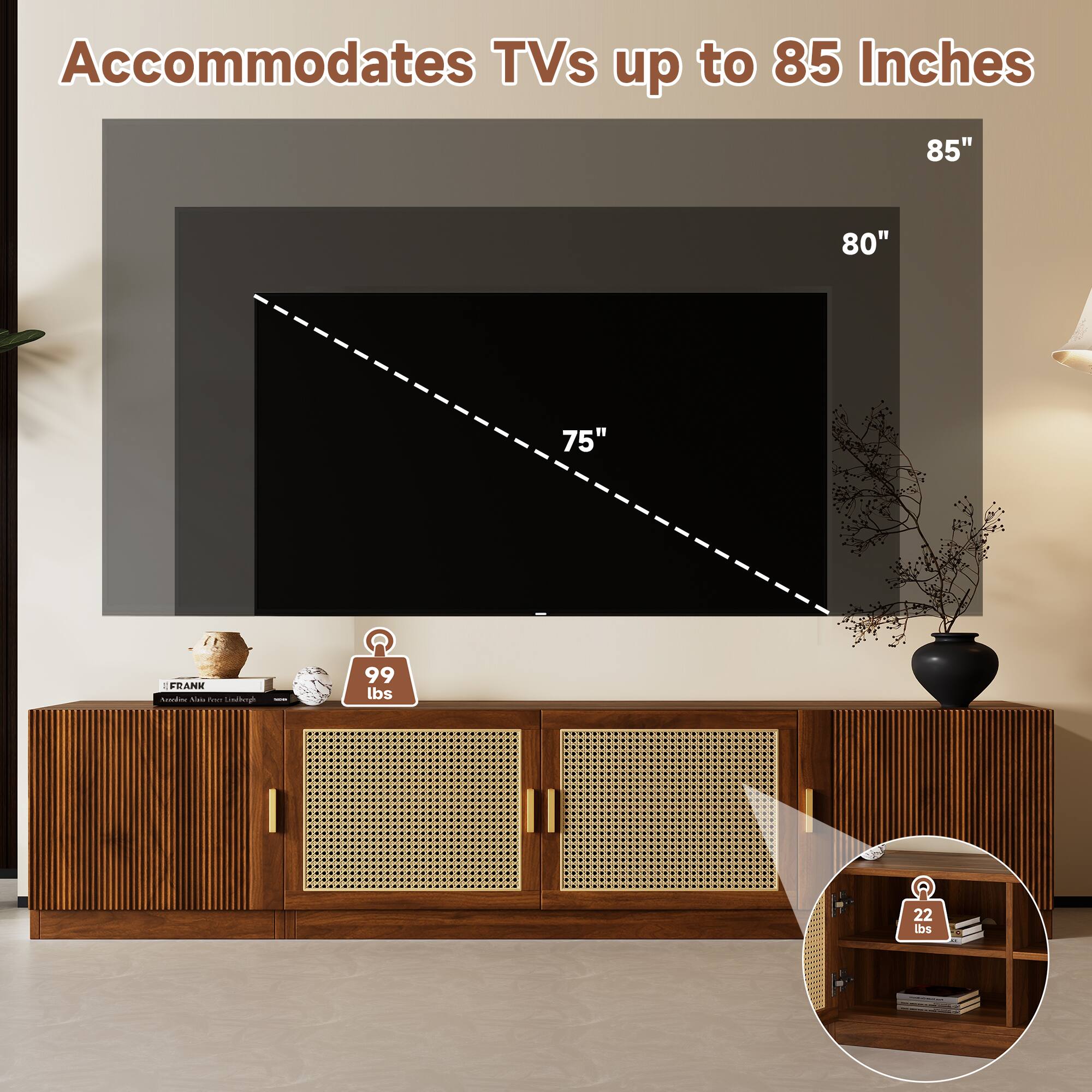 Accommodates TVs up to 85 Inches

85"
80"
75"

FRANK Naa Ferry Undbogh

99 lbs
22 lbs