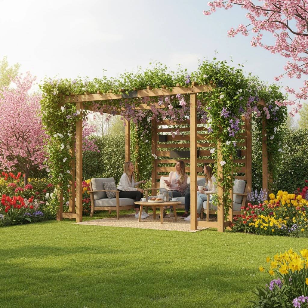 Alt View 7. SUNJOY - Sunjoy 10.5 ft. x 10 ft. Cedar Wood Pergola with Slatted Privacy Wall & Adjustable Hanging Planters - wood.
