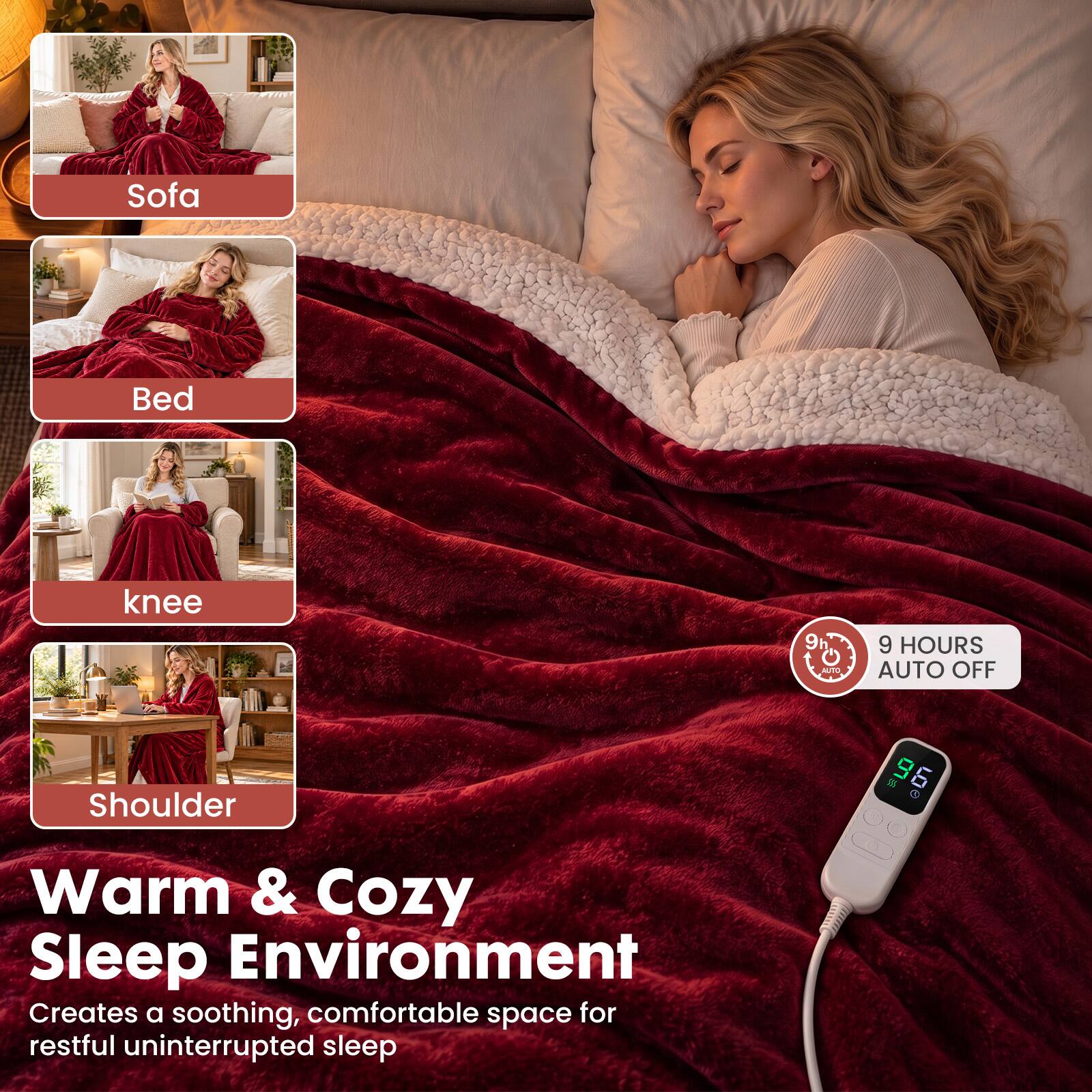 Sofa  
Bed  
knee  
Shoulder  

9h AUTO  
9 HOURS AUTO OFF  

Warm & Cozy Sleep Environment  
Creates a soothing, comfortable space for restful uninterrupted sleep