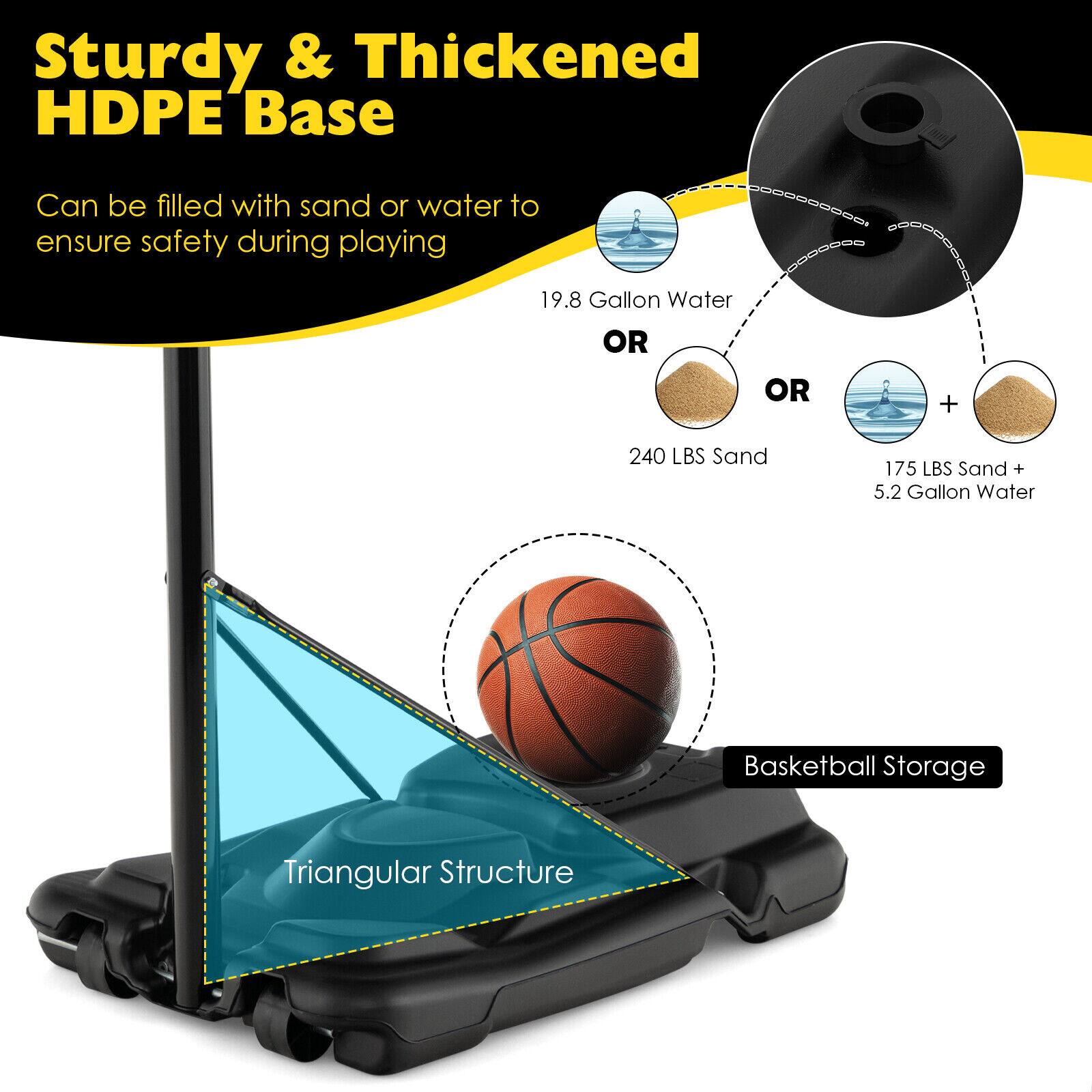 Sturdy & Thickened HDPE Base  
Can be filled with sand or water to ensure safety during playing  

19.8 Gallon Water  
OR  
240 LBS Sand  
OR  
175 LBS Sand + 5.2 Gallon Water  

Basketball Storage  
Triangular Structure