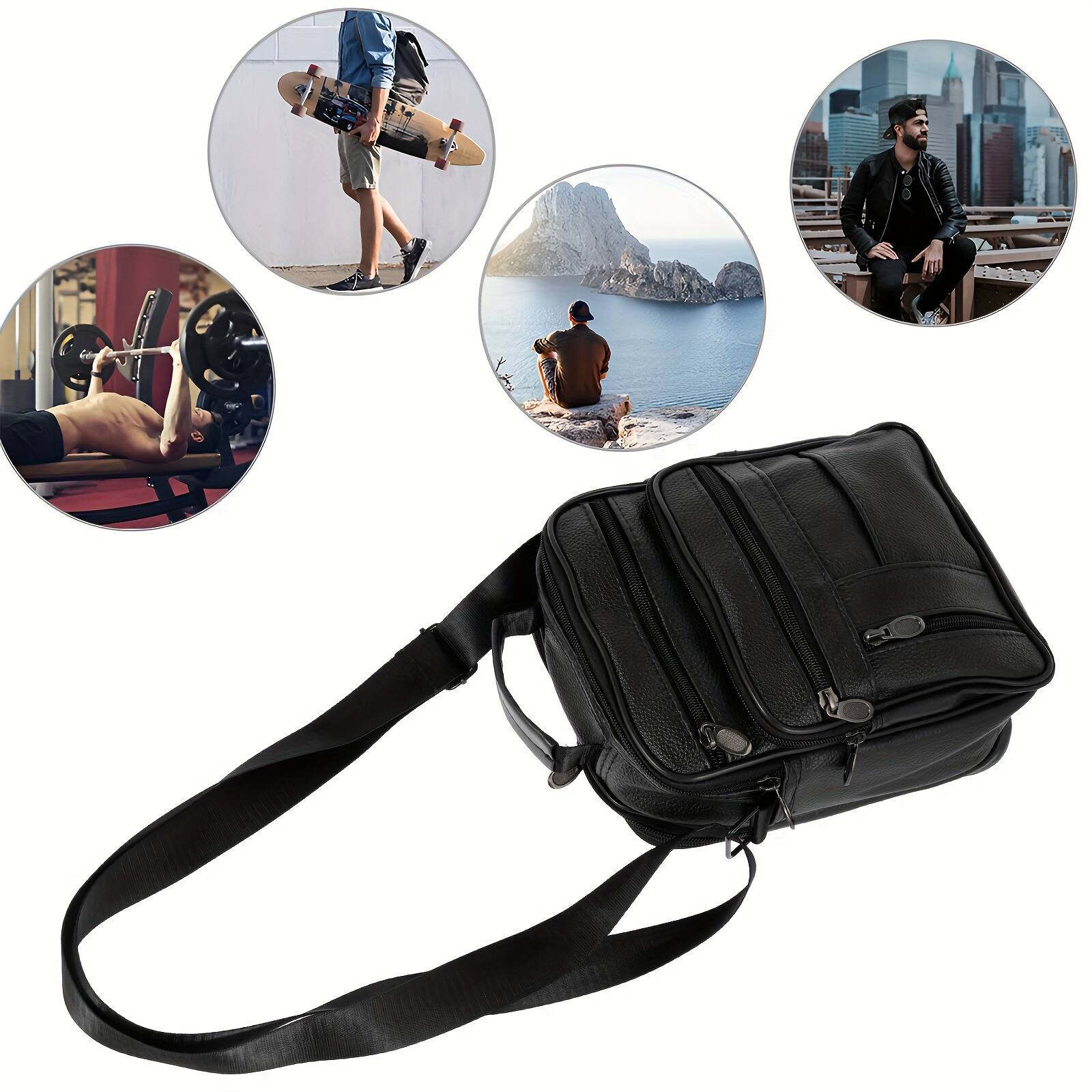 Left. Acteck - Large Crossbody Shoulder Bag Leather Sling Bag for Men Anti-Theft Travel Chest Purse - Black.