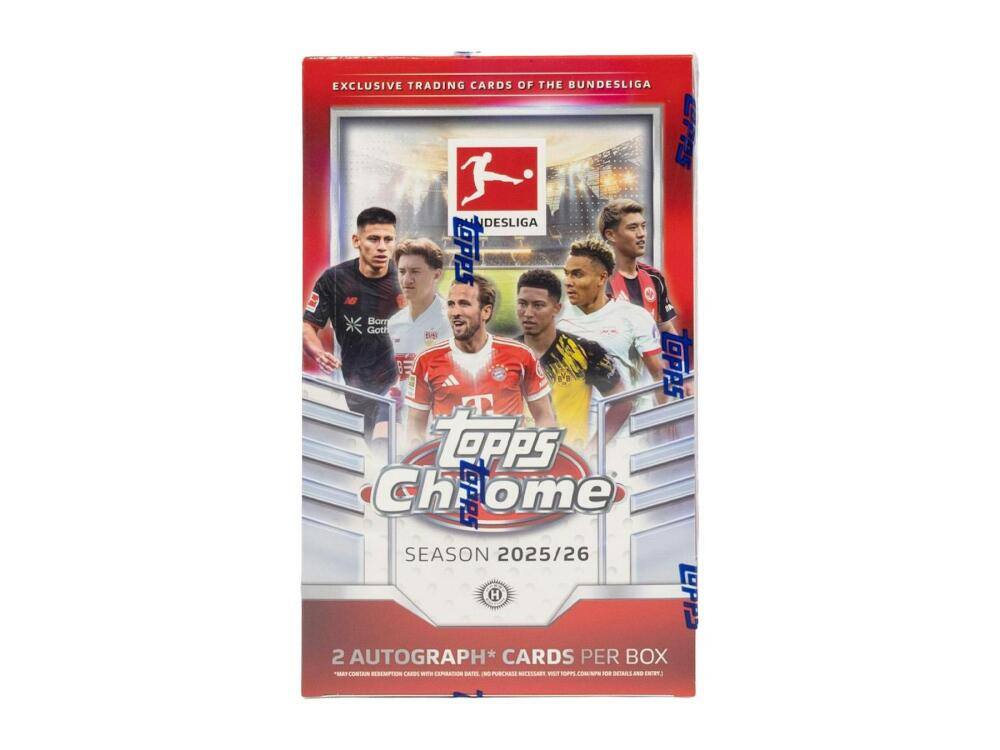 EXCLUSIVE TRADING CARDS OF THE BUNDESLIGA  
BUNDESLIGA TOPPS  
Chromes  
SEASON 2025/26  
2 AUTOGRAPH* CARDS PER BOX  
*May contain redemption cards with authentication dates. For purchase necessary, visit topps.com/chrome for details and entry.