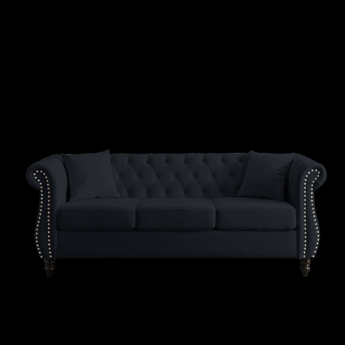 Alt View 9. Ropilly - Ropilly 80 Inch Black Velvet Chesterfield Sofa, 3 Seater Tufted Couch with Rolled Arms and Nailhead Trim - Black.