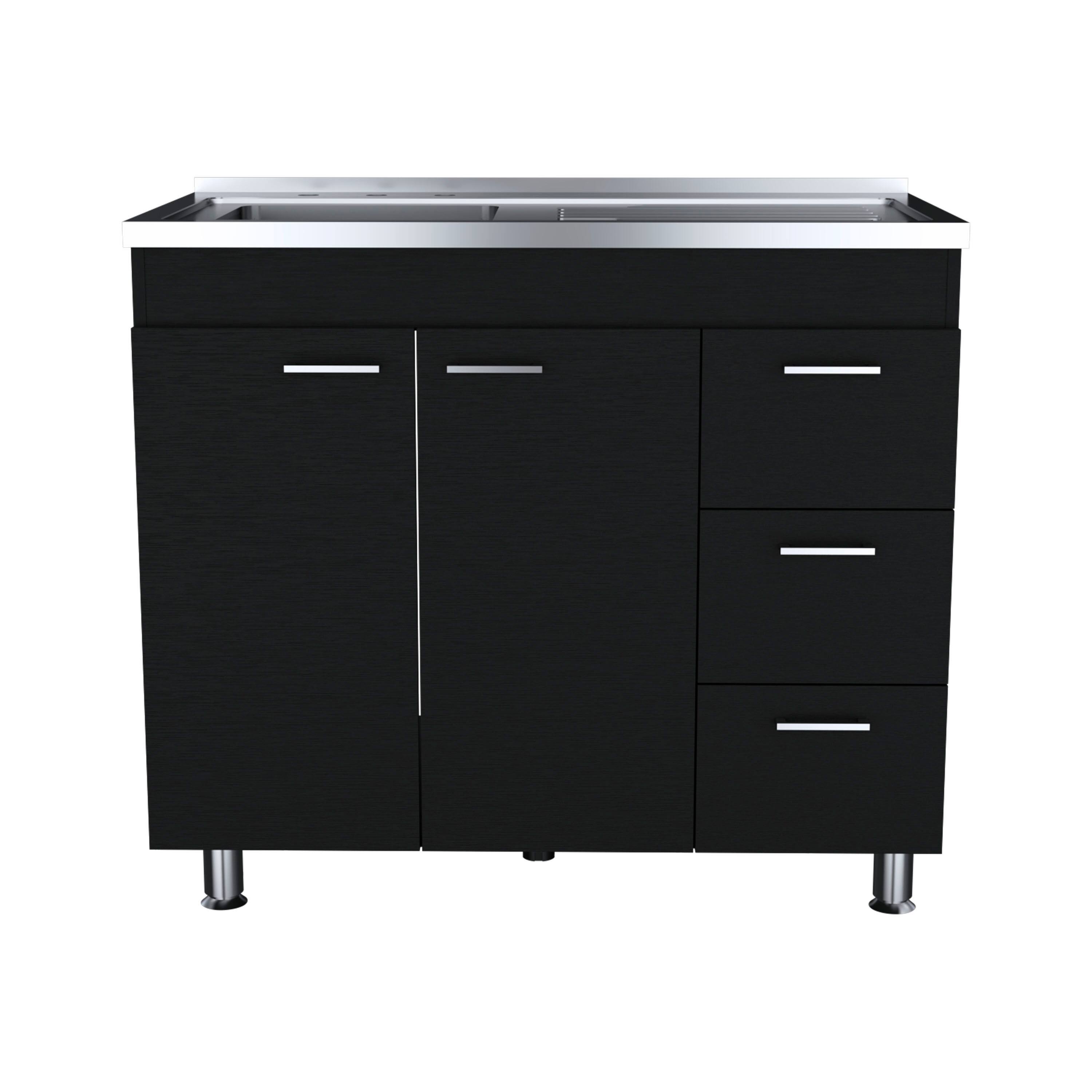 Front. TuHome - Ferretti Utility Sink With Three Drawers And Double Door Cabinet - Black.