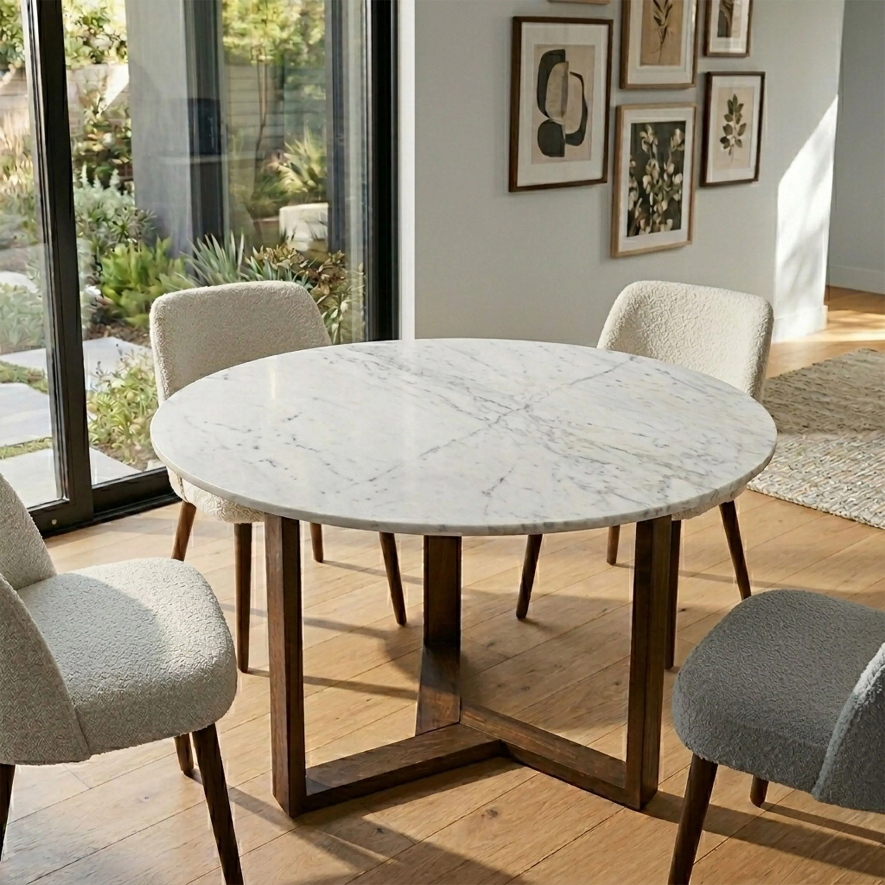Alt View 6. Manhattan Lane - Fina 48 Inch Round Dining Table, White Genuine Marble Top, Natural Brown Mango Wood 3 Leg Sled Base - White, Natural Brown.