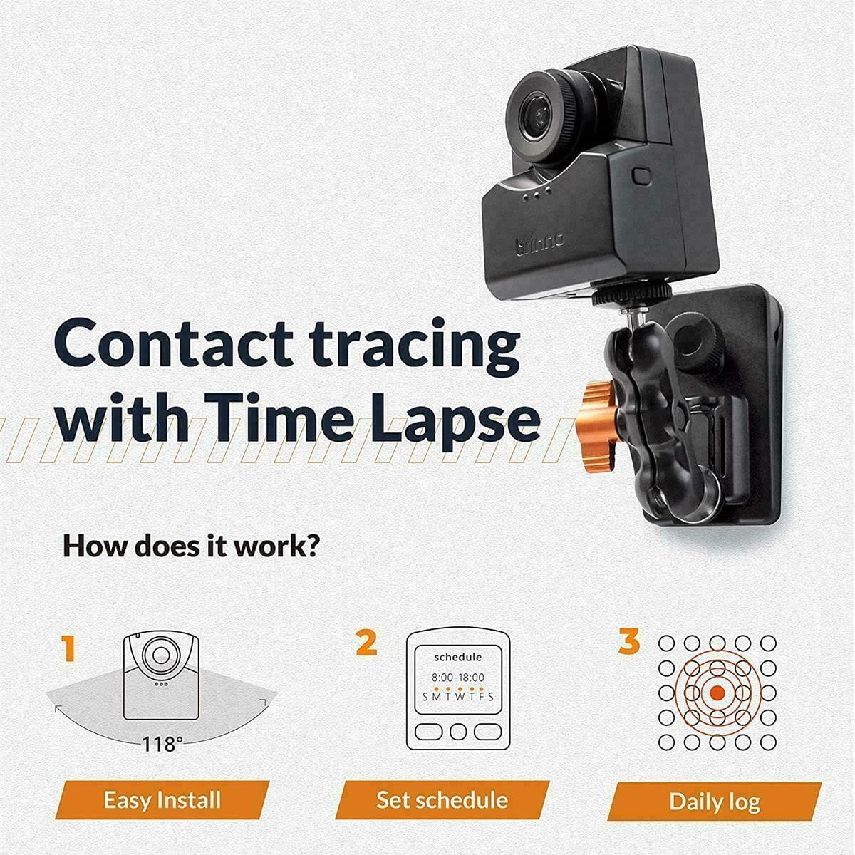 Contact tracing with Time Lapse

How does it work?

1. Easy Install
   - 118°

2. Set schedule
   - 8:00-18:00
   - SMTWTFS

3. Daily log