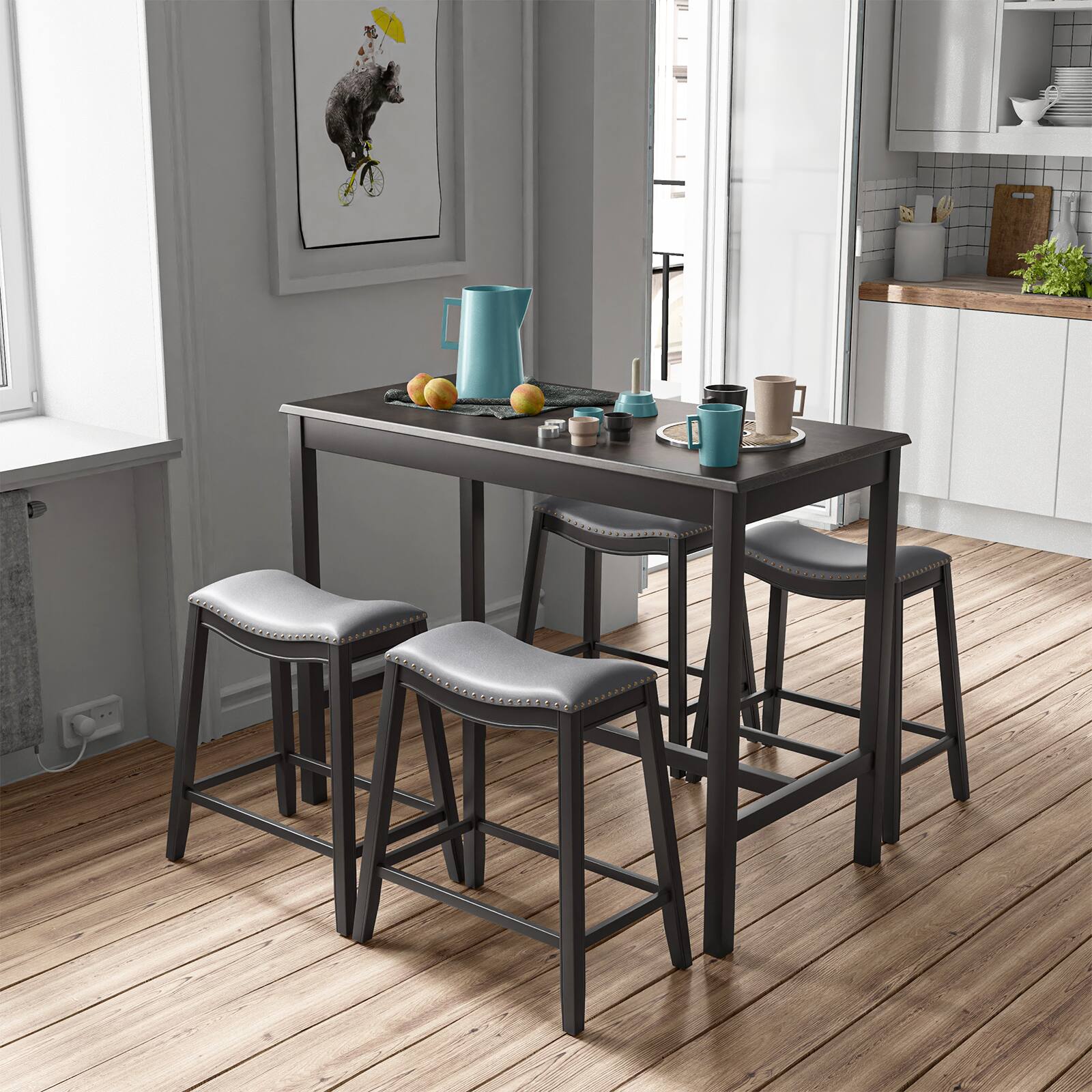 Angle. SlickBlue - Dining Set 5-Piece with Cushioned Stools for Kitchen or Dining Room - Black, Grey.