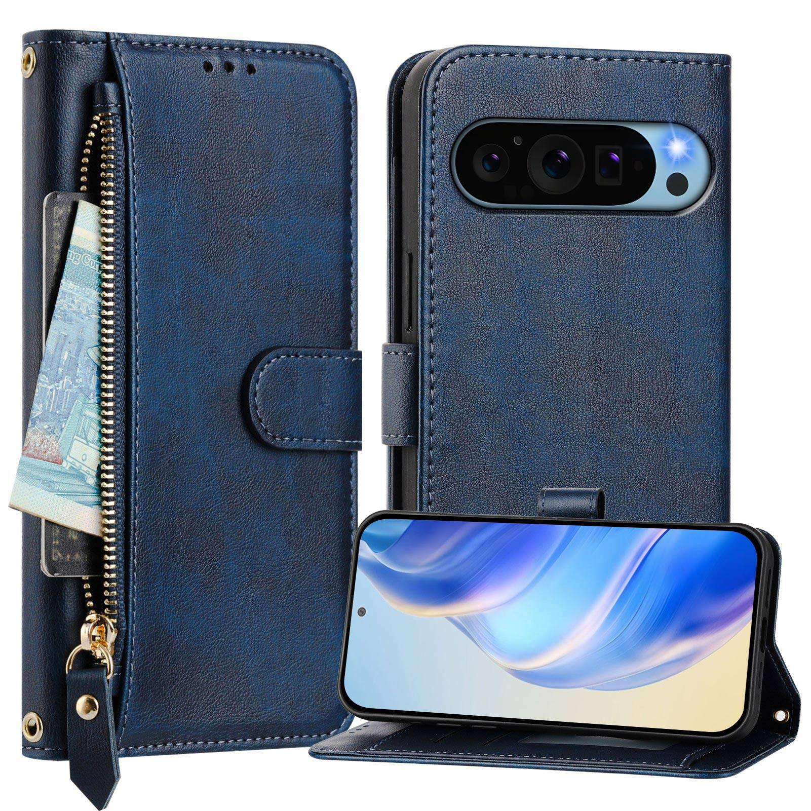 Angle. UUCOVER - Zipper Wallet Case for Google Pixel 10 /10 Pro Magnetic PU Leather Card Slots Stand Cover with Shoulder / Wrist Strap - Blue.