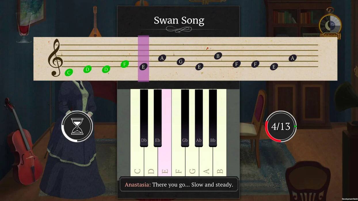 Swan Song  
Midnight  
C D D F E A G E B F F E A  

4/13  
Db Eb Gb Ab Bb  

Anastasia: There you go... Slow and steady.