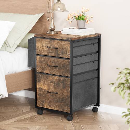 Alt View 1. Winado - Mobile Wood 3-Drawer Rolling Organizer File Cabinet with with 3 Fabric Drawers, Side Bag Under-Desk Storage for Office - Rustic Brown.