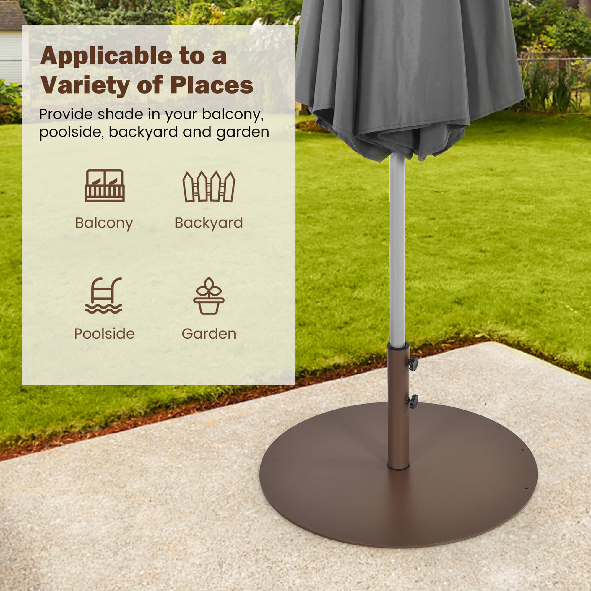 Applicable to a Variety of Places  
Provide shade in your balcony, poolside, backyard and garden  

Balcony  
Backyard  
Poolside  
Garden