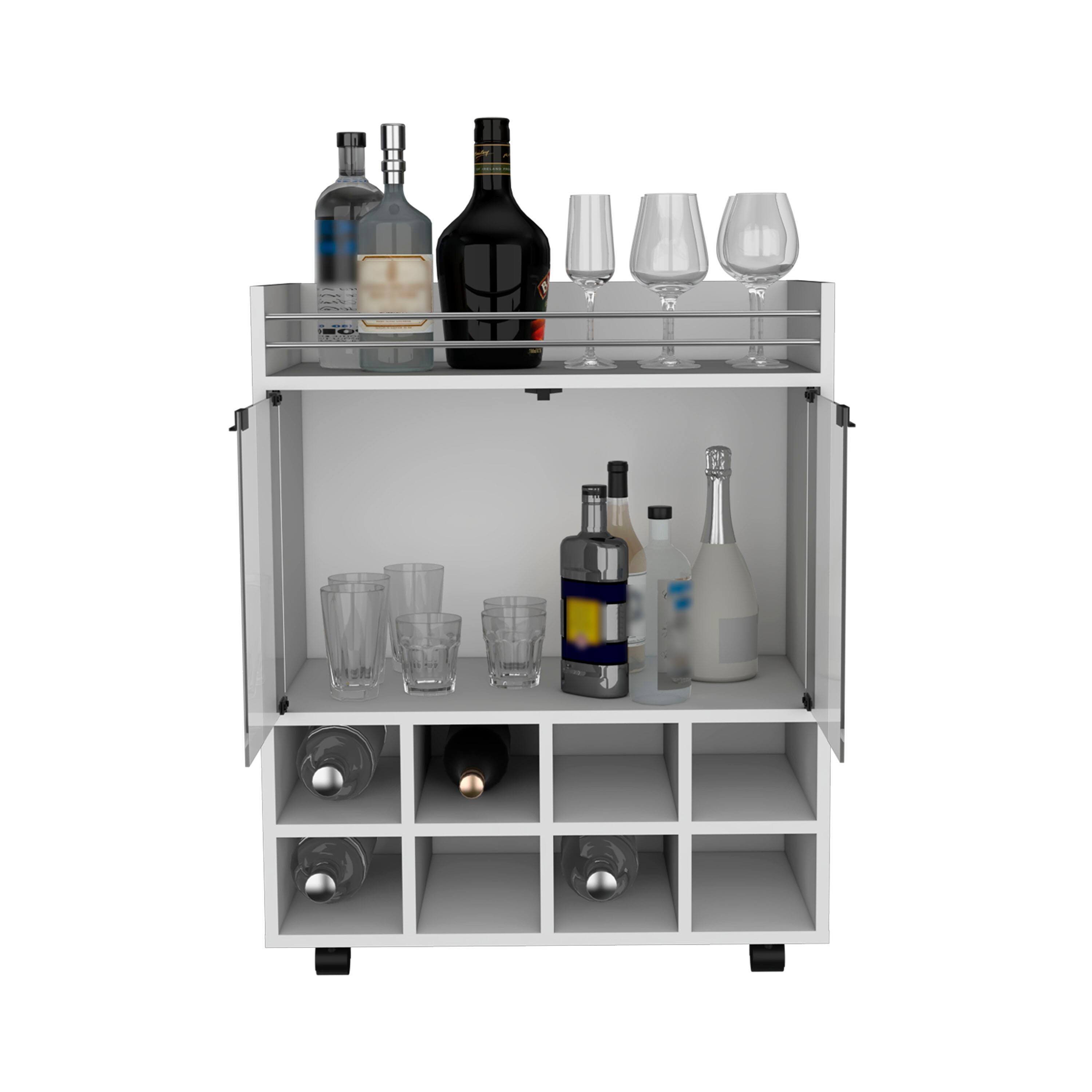 Alt View 1. TuHome - St Andrews Bar Cart with Built-In 8-Bottle Rack, Double Glass Door Cabinet, And Aluminum-Edged Top Surface - White.