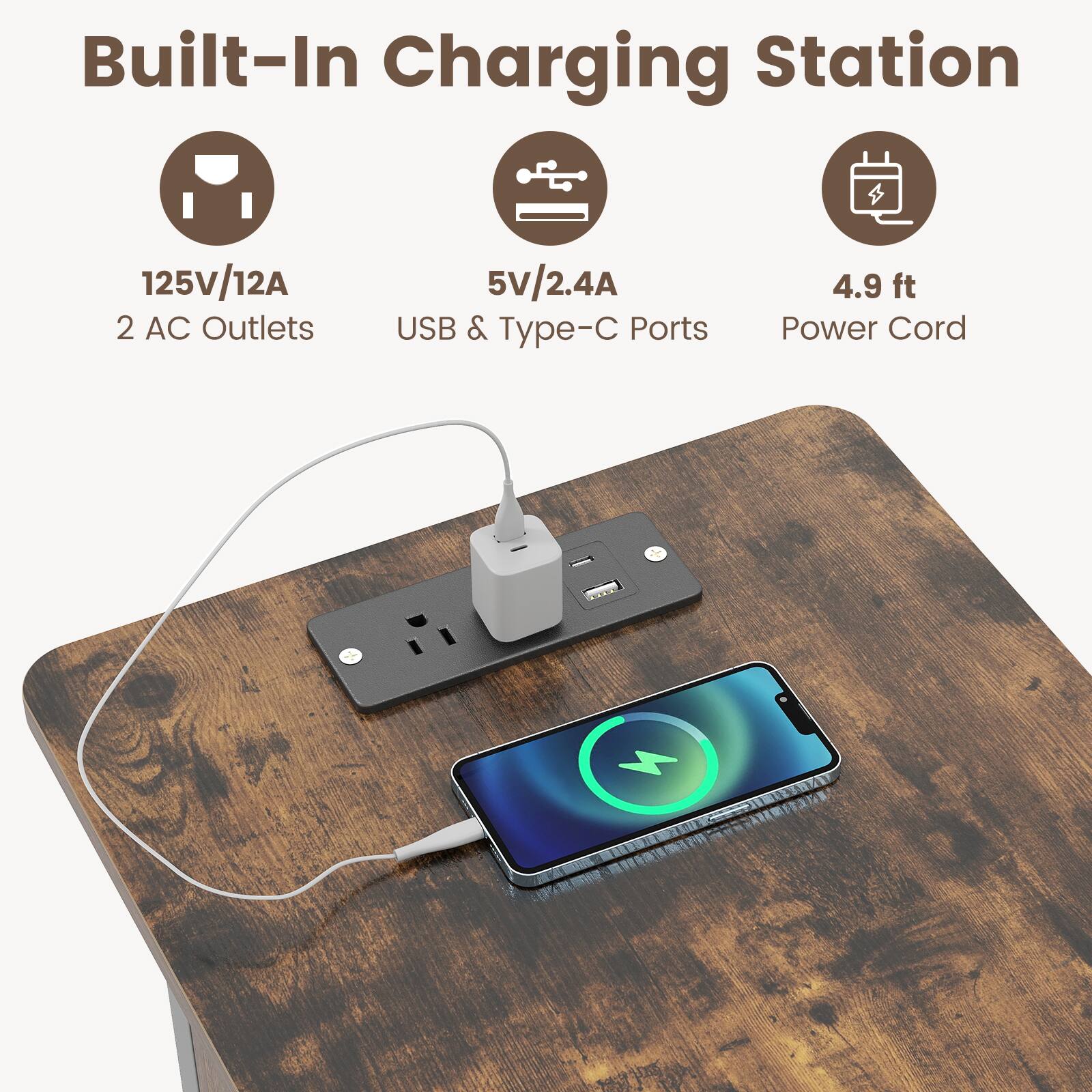 Built-In Charging Station  
125V/12A  
2 AC Outlets  
5V/2.4A USB & Type-C Ports  
4.9 ft Power Cord