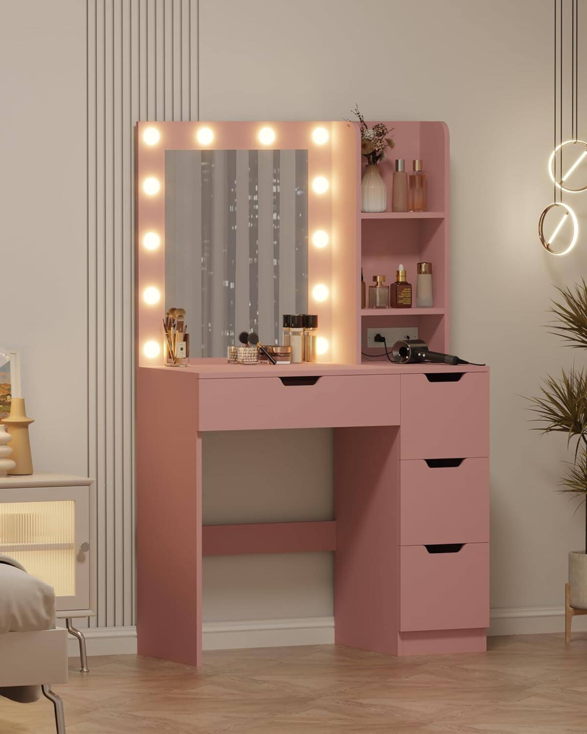 Alt View 2. GARVEE - Makeup Vanity with Mirror,12 LED Lights with 3 Adjustable Lighting Modes and Brightness Levels, Built-in Power Outlet - Pink.