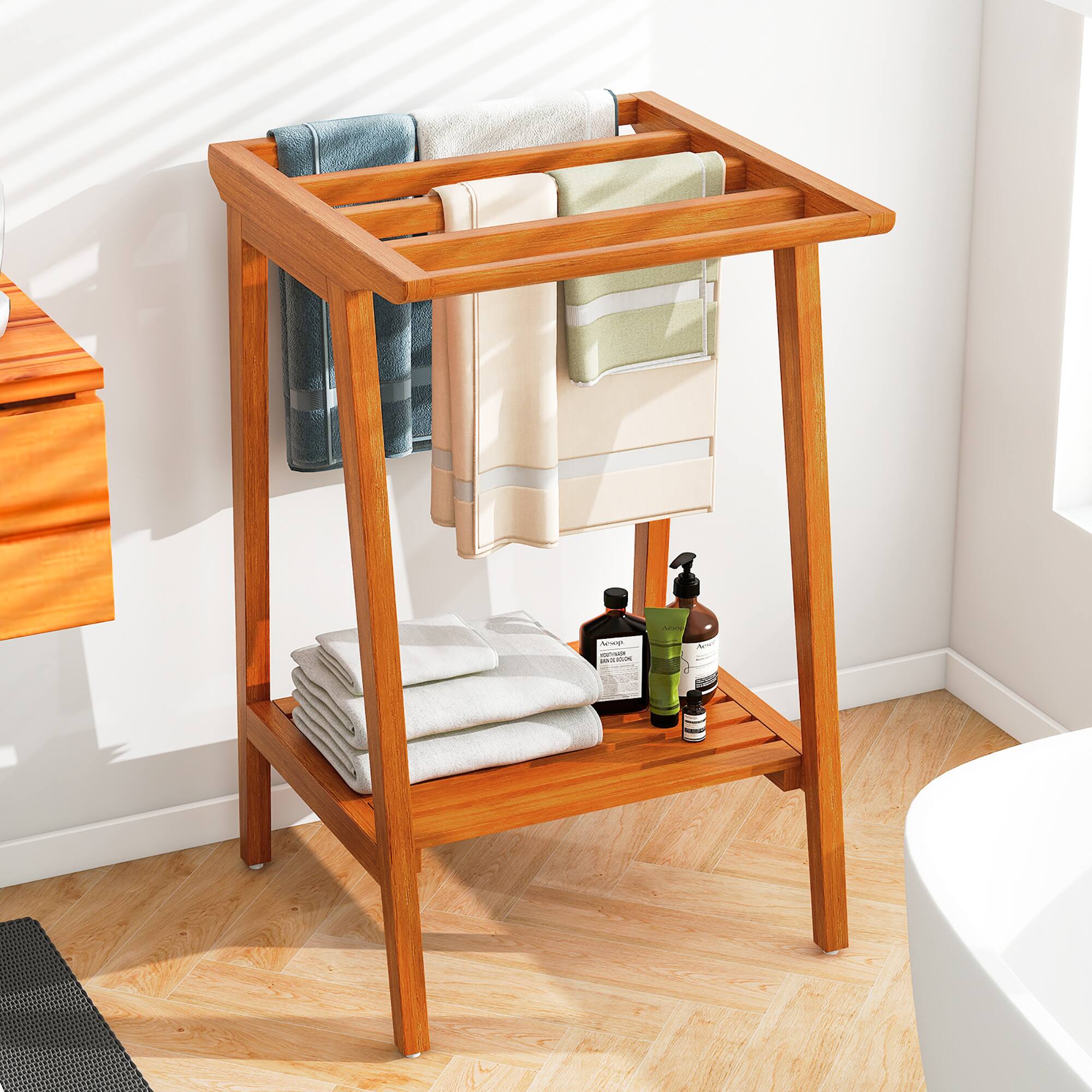 Alt View 1. Gymax - Gymax Freestanding Towel Rack for Bathroom w/ Storage Shelf for Poolside Living Room - Natural.