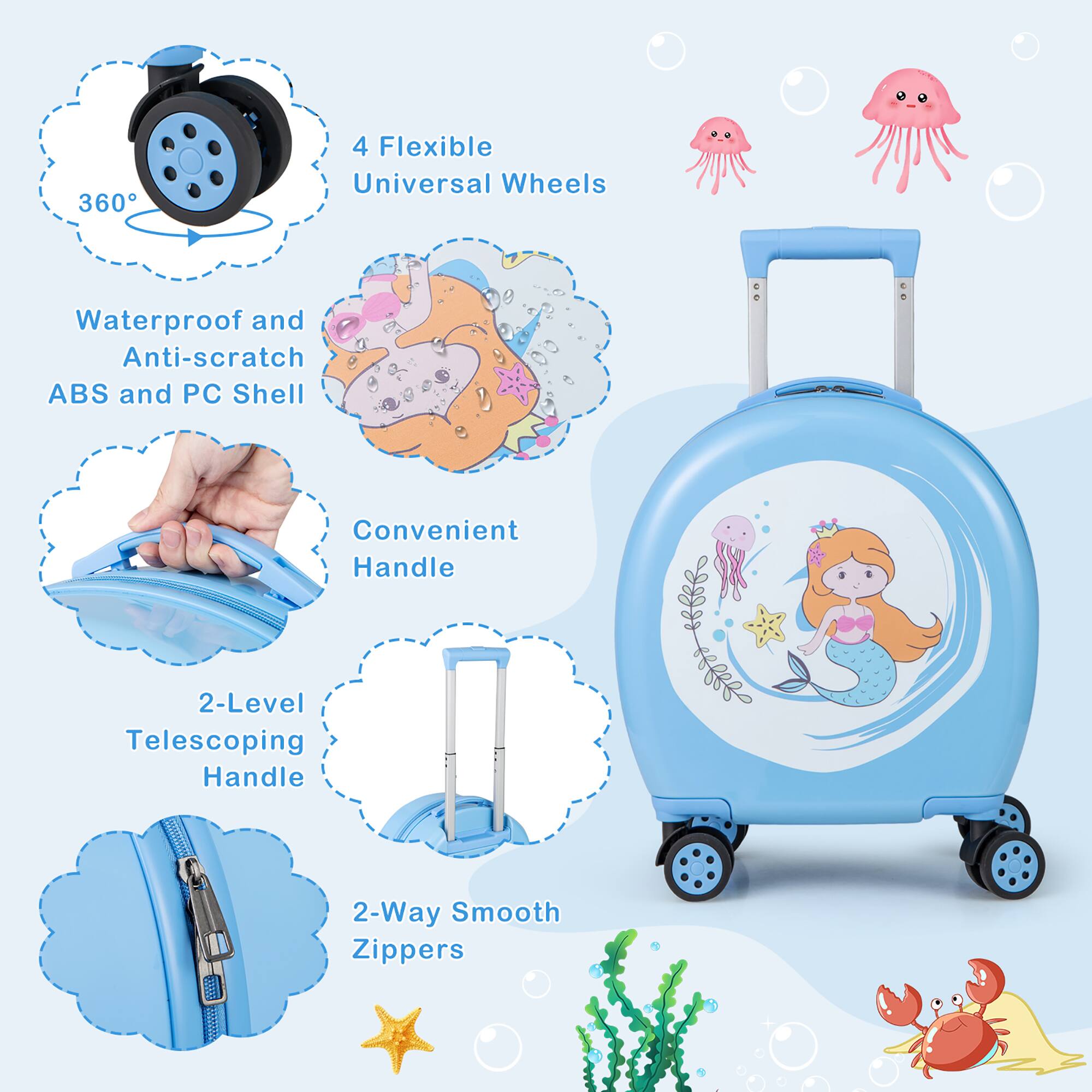 360° 4 Flexible Universal Wheels  
Waterproof and Anti-scratch ABS and PC Shell  
Convenient Handle  
2-Level Telescoping Handle  
2-Way Smooth Zippers