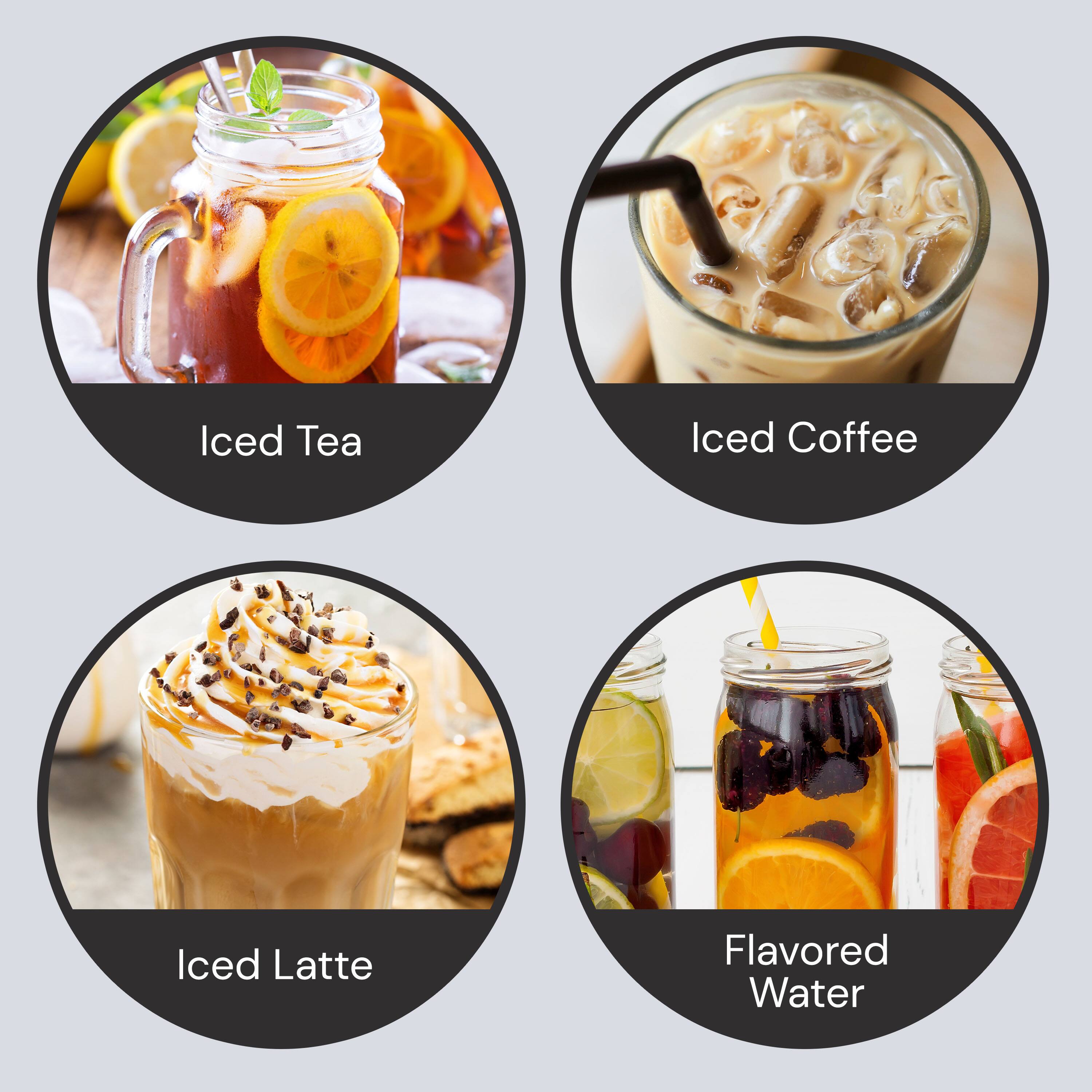 Iced Tea  
Iced Coffee  
Iced Latte  
Flavored Water