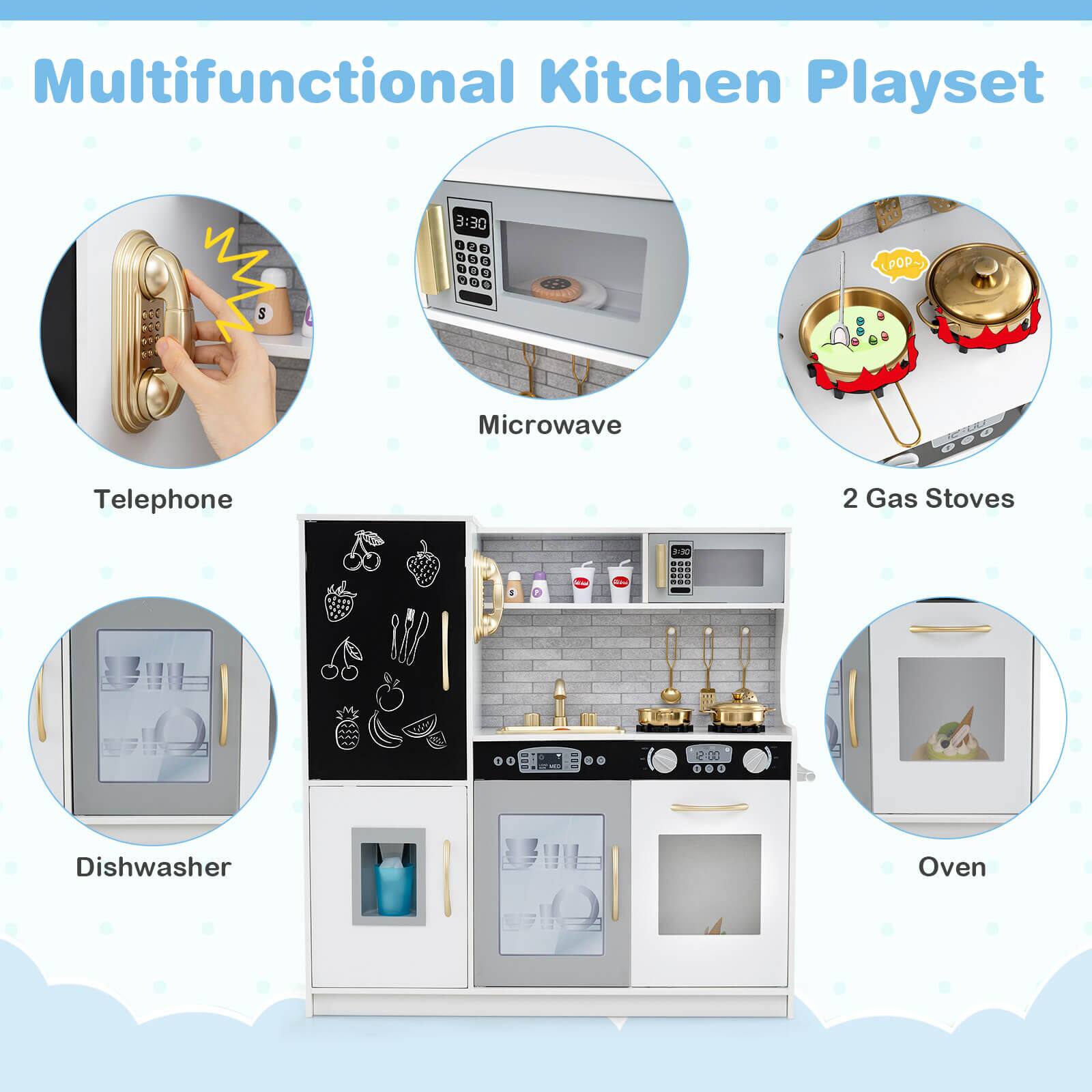 Multifunctional Kitchen Playset

- Telephone
- Microwave
- 2 Gas Stoves
- Dishwasher
- Oven