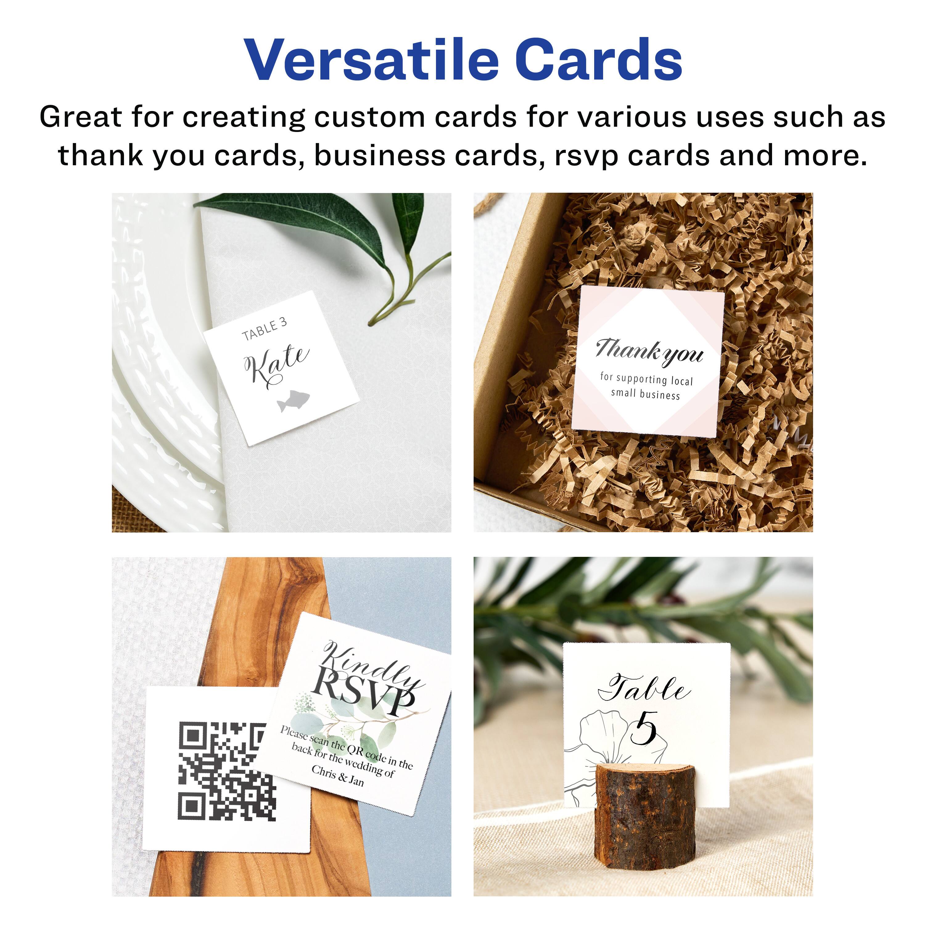Versatile Cards

Great for creating custom cards for various uses such as thank you cards, business cards, rsvp cards and more.

E TABLE Kate Thank you for supporting local small business RSVP Picase an bnack the OR f the cade in the Chris & wedding od Jan Table 5