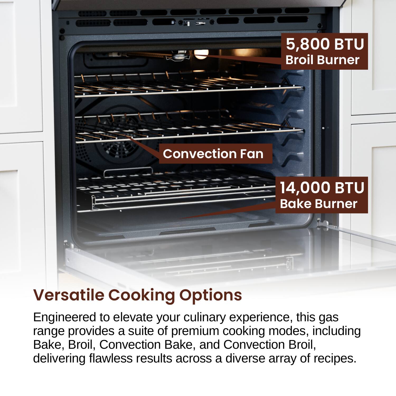 5,800 BTU Broil Burner
Convection Fan
14,000 BTU Bake Burner
Versatile Cooking Options
Engineered to elevate your culinary experience, this gas range provides a suite of premium cooking modes, including Bake, Broil, Convection Bake, and Convection Broil, delivering flawless results across a diverse array of recipes.