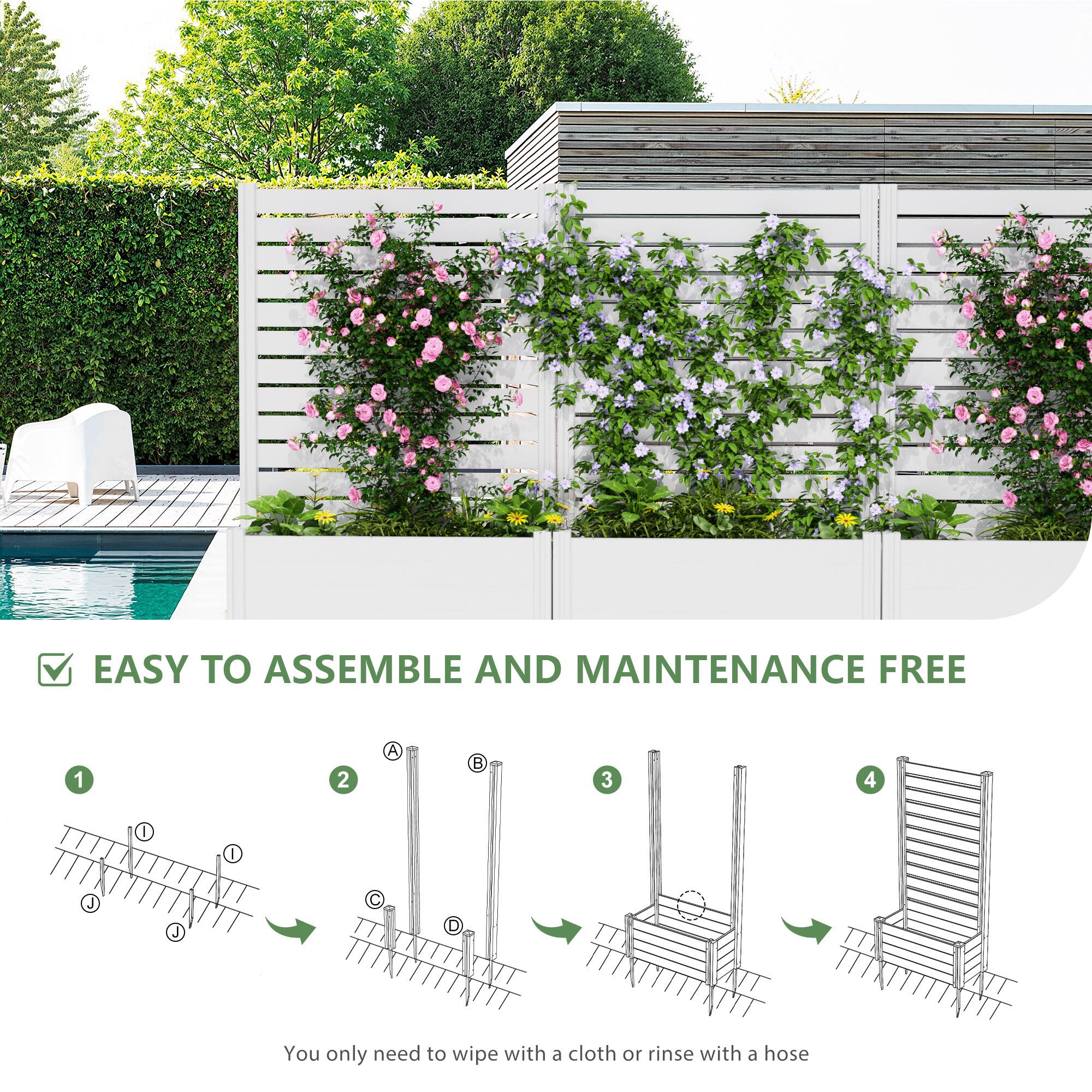 EASY TO ASSEMBLE AND MAINTENANCE FREE

1. [Diagram with steps 1, 2, 3, 4]
2. [Diagram with parts A, B, C, D]
3. [Diagram with step 3]
4. [Diagram with step 4]

You only need to wipe with a cloth or rinse with a hose