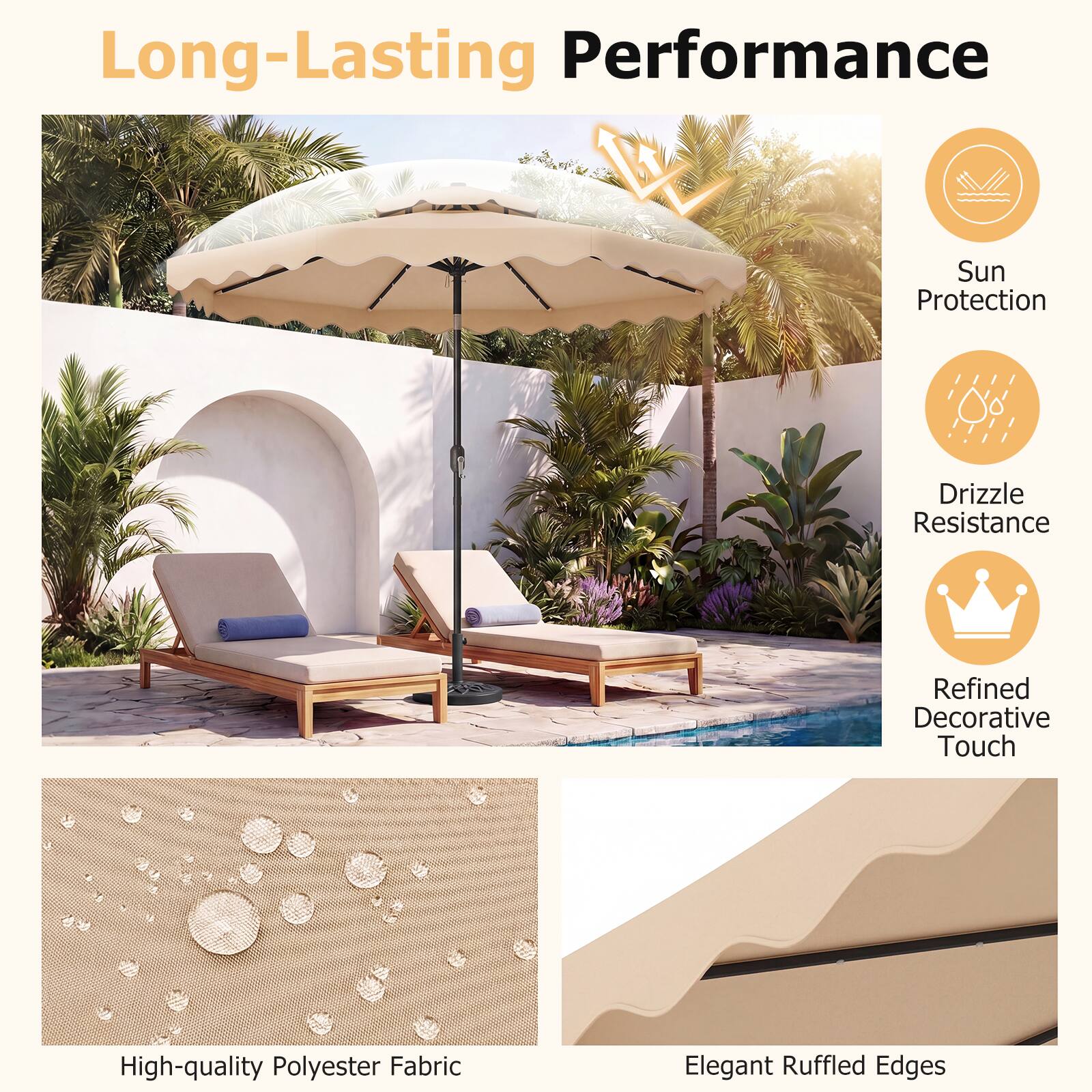 Long-Lasting Performance  
Sun Protection  
Drizzle Resistance  
Refined Decorative Touch  
High-quality Polyester Fabric  
Elegant Ruffled Edges