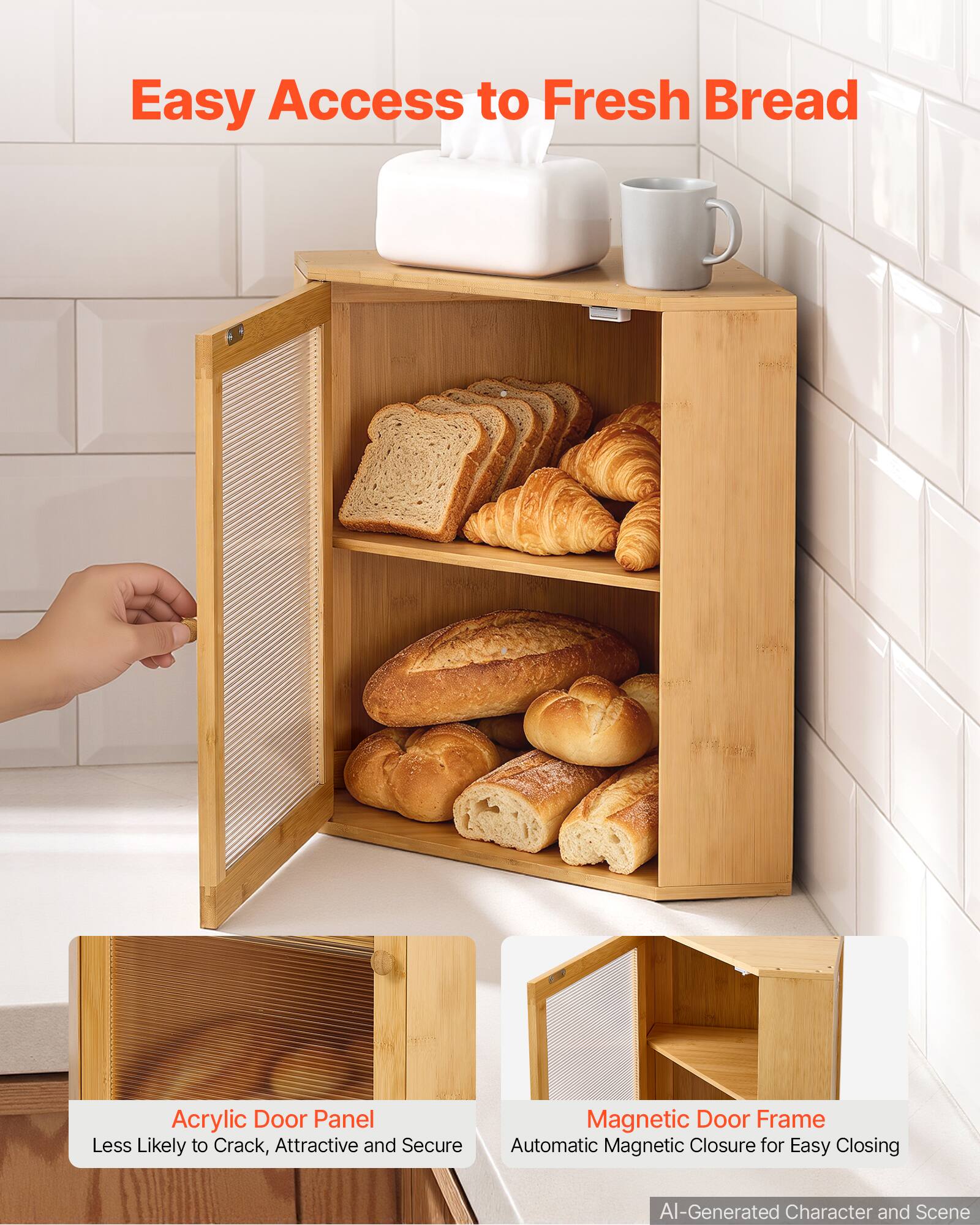 VEVOR Corner Bread Box for Kitchen Counter Bamboo Wood Container ...