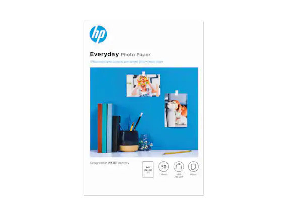 HP Everyday Photo Paper
Affordable photo projects with bright glossy photo paper
Designed for INKJET printers
4x6" (102x152 mm)
50 Sheets
53 lb (200 g/m²)
Glossy
