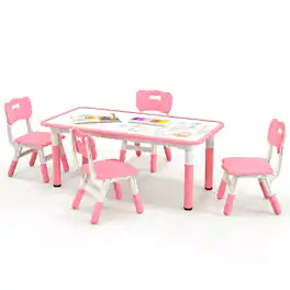 Gymax - Kids Height Adjustable Table and 4 Chairs Set with Graffiti Desktop - Pink