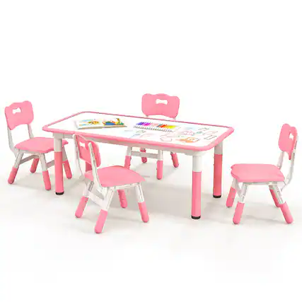 Front. Gymax - Gymax Kids Height Adjustable Table and 4 Chairs Set with Graffiti Desktop Pink - Pink.